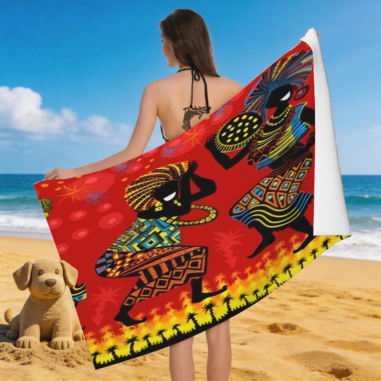 Leichong 3D Tribal Culture Beach Towel Large Microfiber Soft Quick Dry for Adults, African Tribe Bath Towel Lightweight Soft Absorbent for Travel Swimming Pool Sports, 80 x 160 cm