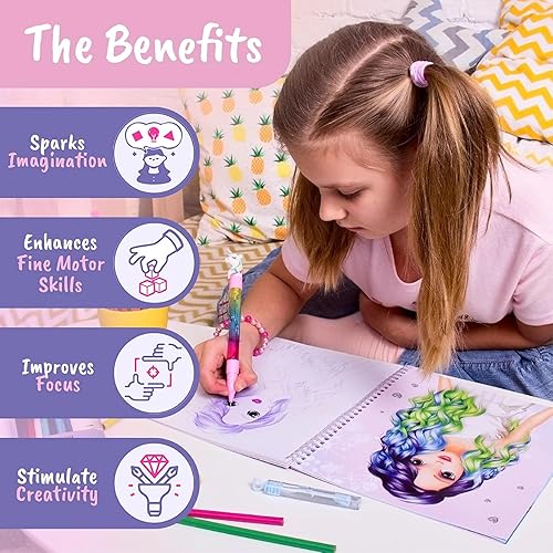 Miniatura 6 de BSCOOL - Libro de dibujo, colorear y actividades. Crea peinados con pegatinas y guías. Cuaderno de bocetos de diseño de moda para niños de 5 años