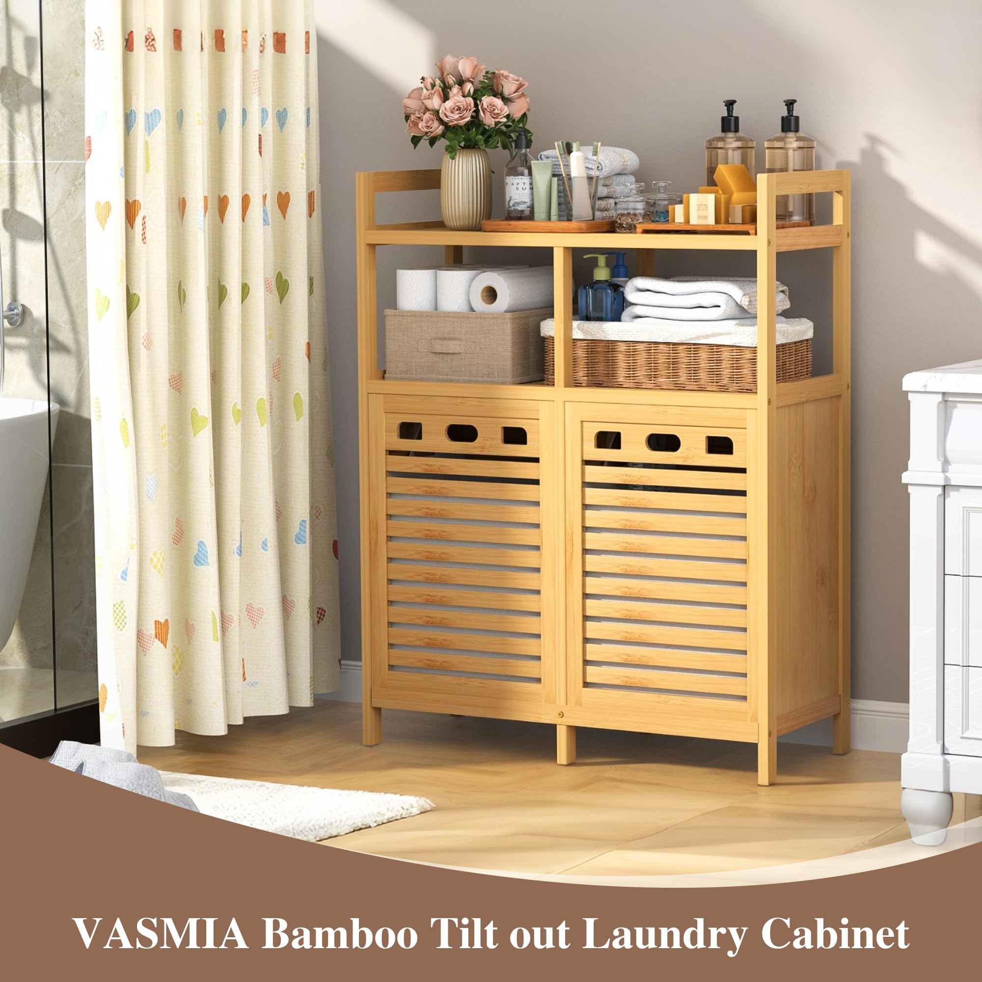 VASMIA Armadietto Bagno con Cesto per il Bucato, Bambù Mobile da Bagno, con 2 Ripiani, con 2 Sacchetti per il Bucato Estraibili (2 * 38 L), per Bagno, Camera da Letto, Lavanderia, Naturale