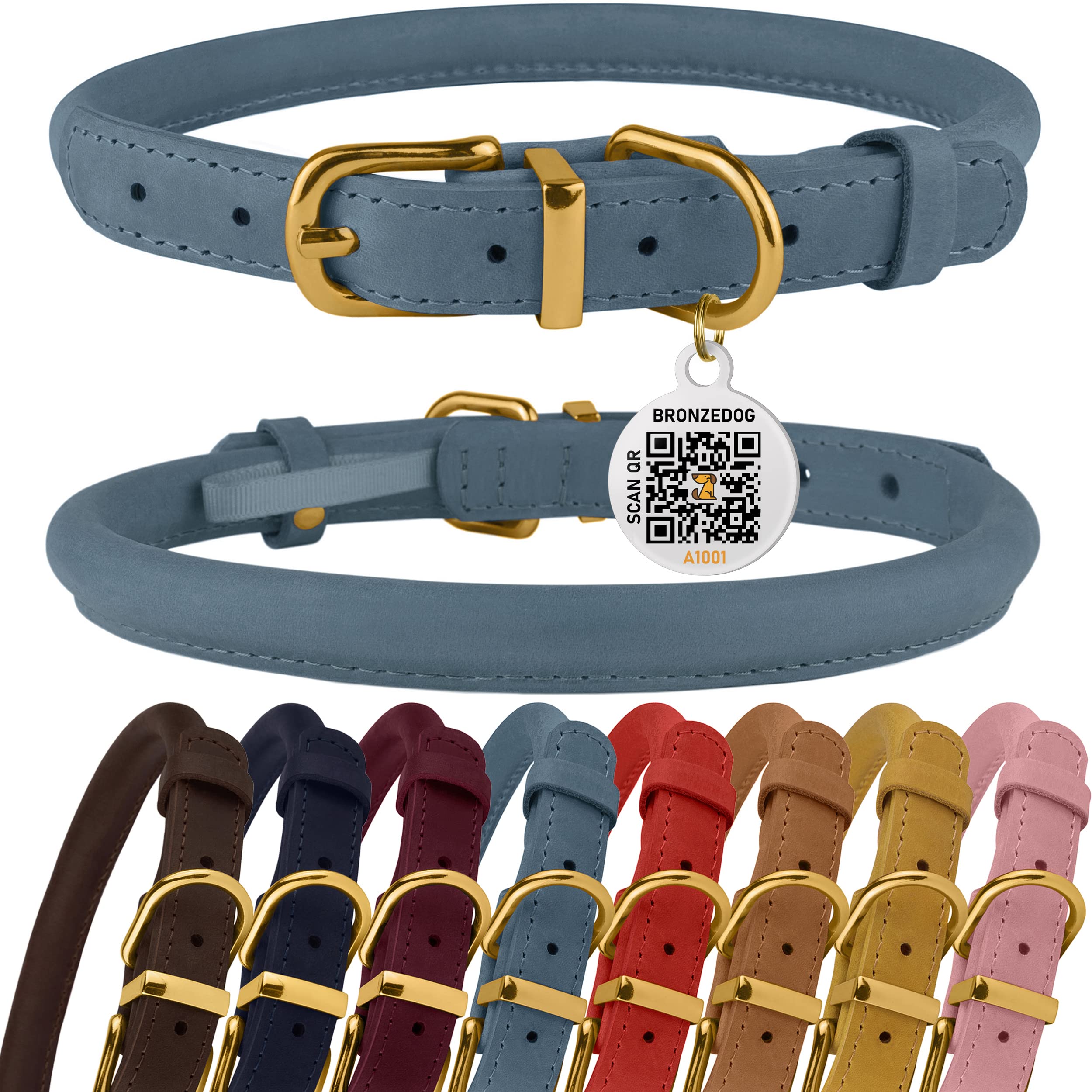 BRONZEDOG Rolled Leather Dog Collar with QR ID Tag Adjustable Soft Round Collars for Small