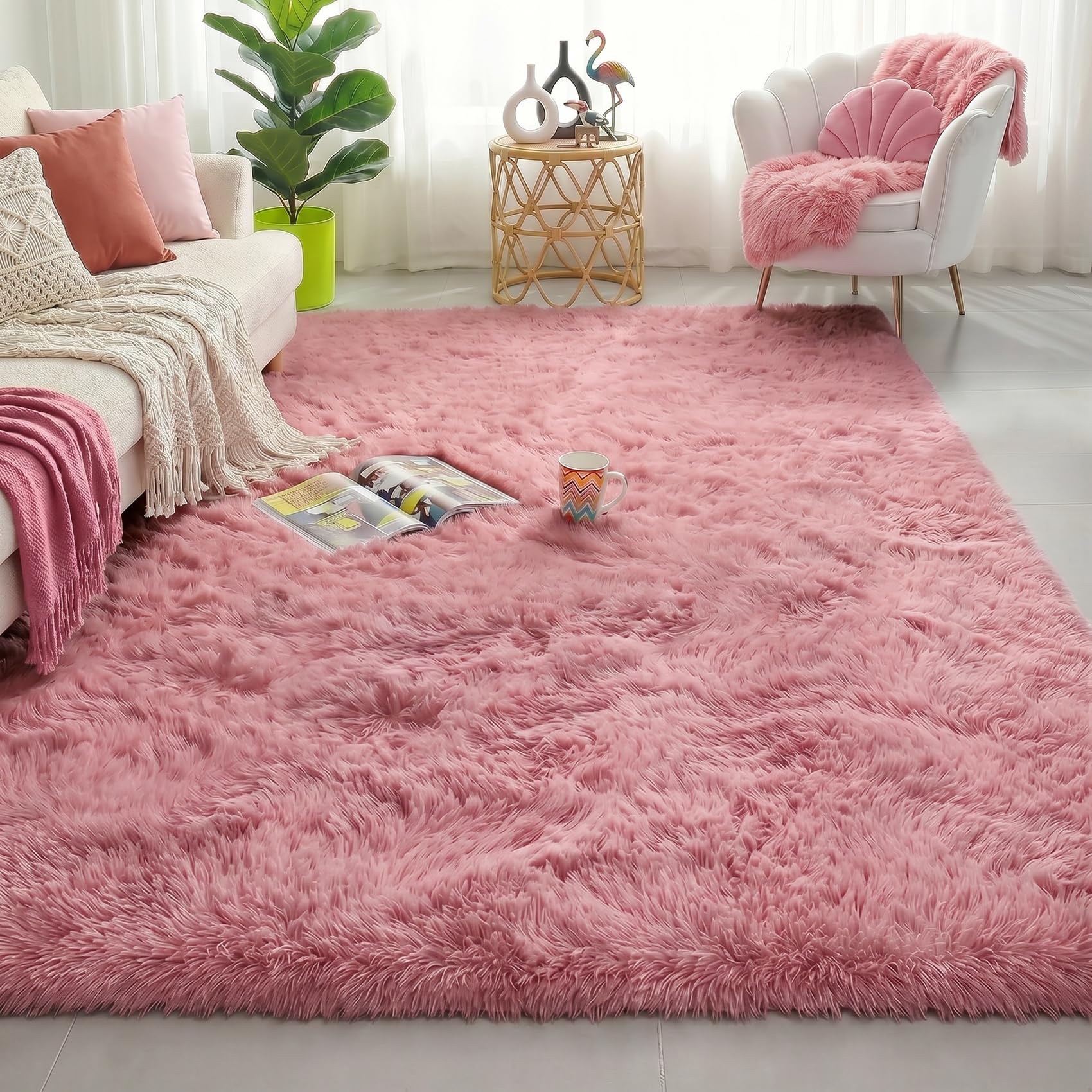 Amdrebio Blush Pink Shaggy Small Area Rug 3x5 for Girls Bedroom Kids Room