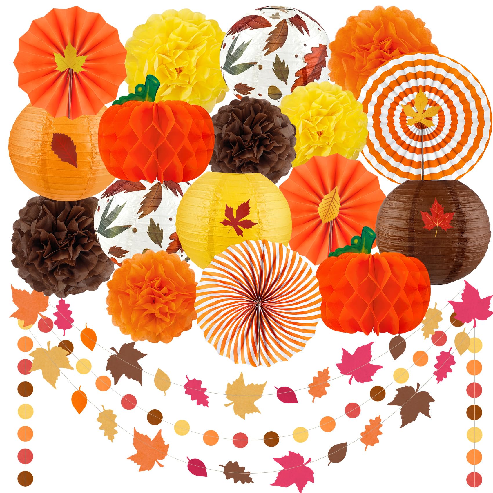 Fall Thanksgiving Party Decorations Supplies Kit, Hanging Paper Lantern Tissue Pumpkins Honeycomb Fans Pom Poms Flowers Maple Leaf Garland for Autumn Birthday Baby Shower Home Decor Indoor Outdoor