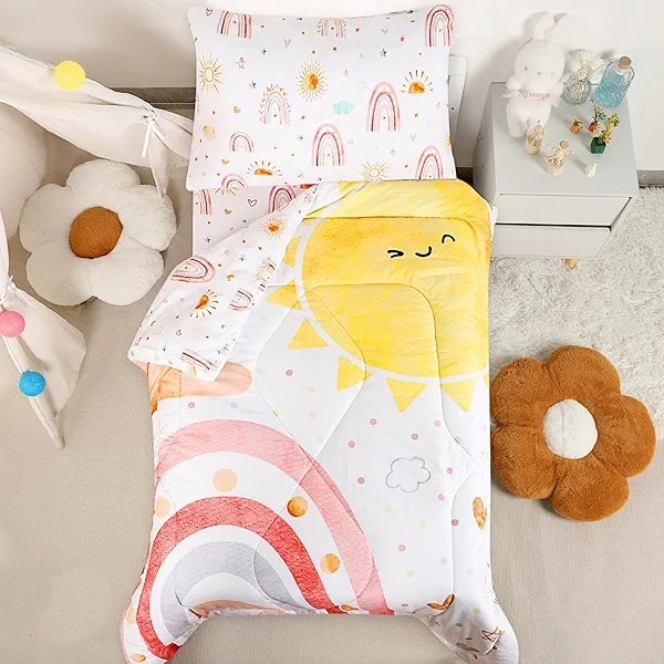 CARUILI Toddler Bedding Set for Girls, 4 Piece Rainbow Toddler Girl Bedding Set, Super Soft & Lightweight Toddler Comforter Set Includes Comforter, Flat Sheet, Fitted Sheet, Pillowcase (Pink)