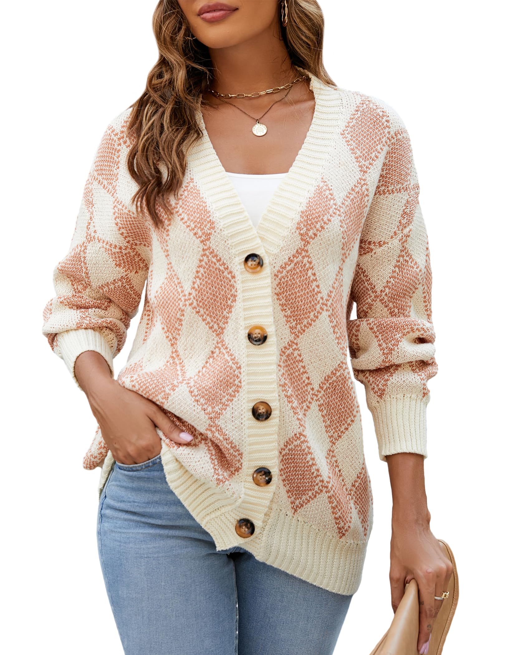 ZAFULWomen's Cardigan Sweaters Argyle Plaid Long Sleeve Button Down Preppy Oversized Chunky Knit Outerwear