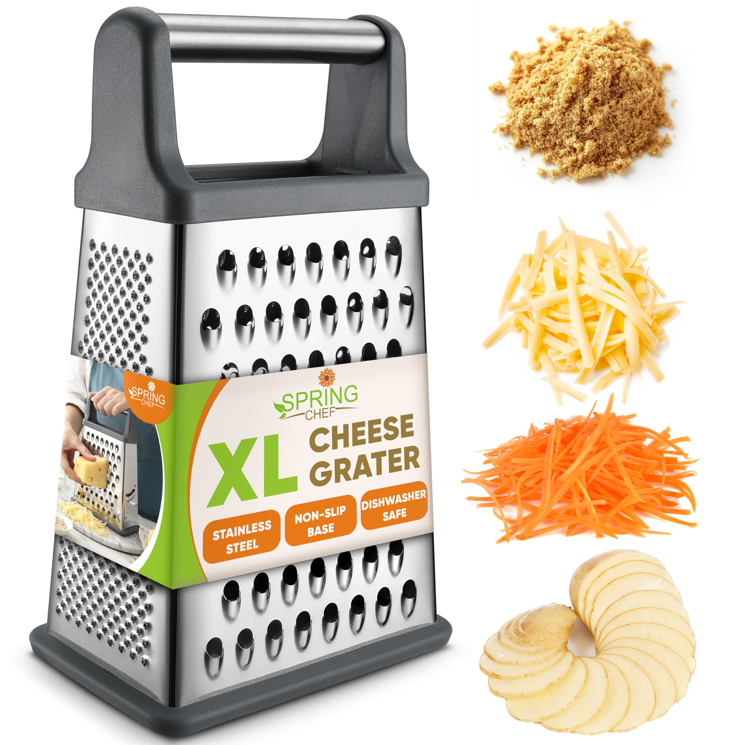 Spring Chef Professional Cheese Grater - Stainless Steel Box Grater for Kitchen, XL Size, 4 Sides - Perfect Shredder for Parmesan Cheese, Carrot, Potato, Ginger - Dishwasher Safe - Gray