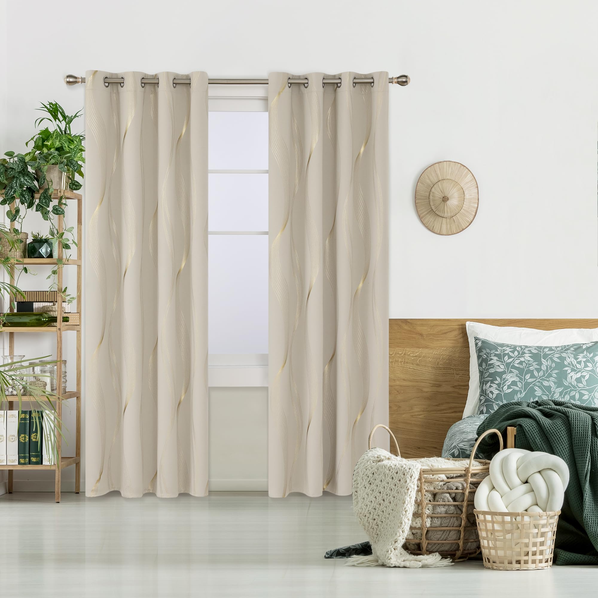 Deconovo Blackout Eyelet Curtains Thermal Insulated Gold Wave Line Foil Printed Curtains for Bedroom 52x84 Inch Beige 2 Panels - Image 2