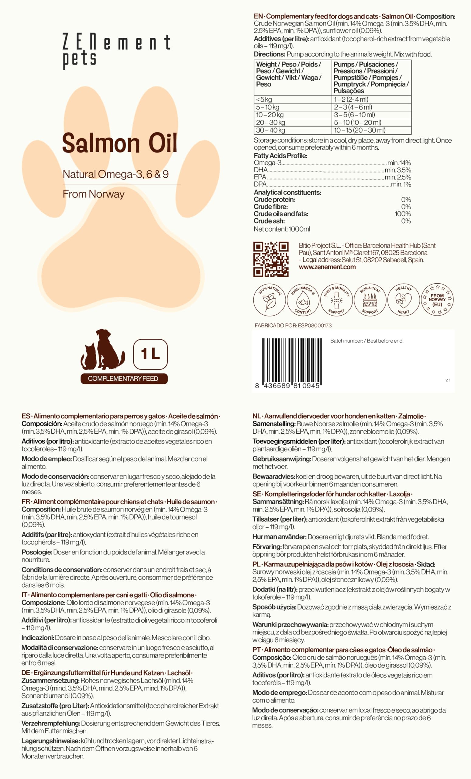 Olej z Łososia 100% Naturalny dla Psów i Kotów – Norweskie Pochodzenie, Omega-3, 6 i 9 z EPA, DHA i DPA – Skóra, Sierść i Stawy – 1000 ml z Pompką Dozującą – Zenement Pets