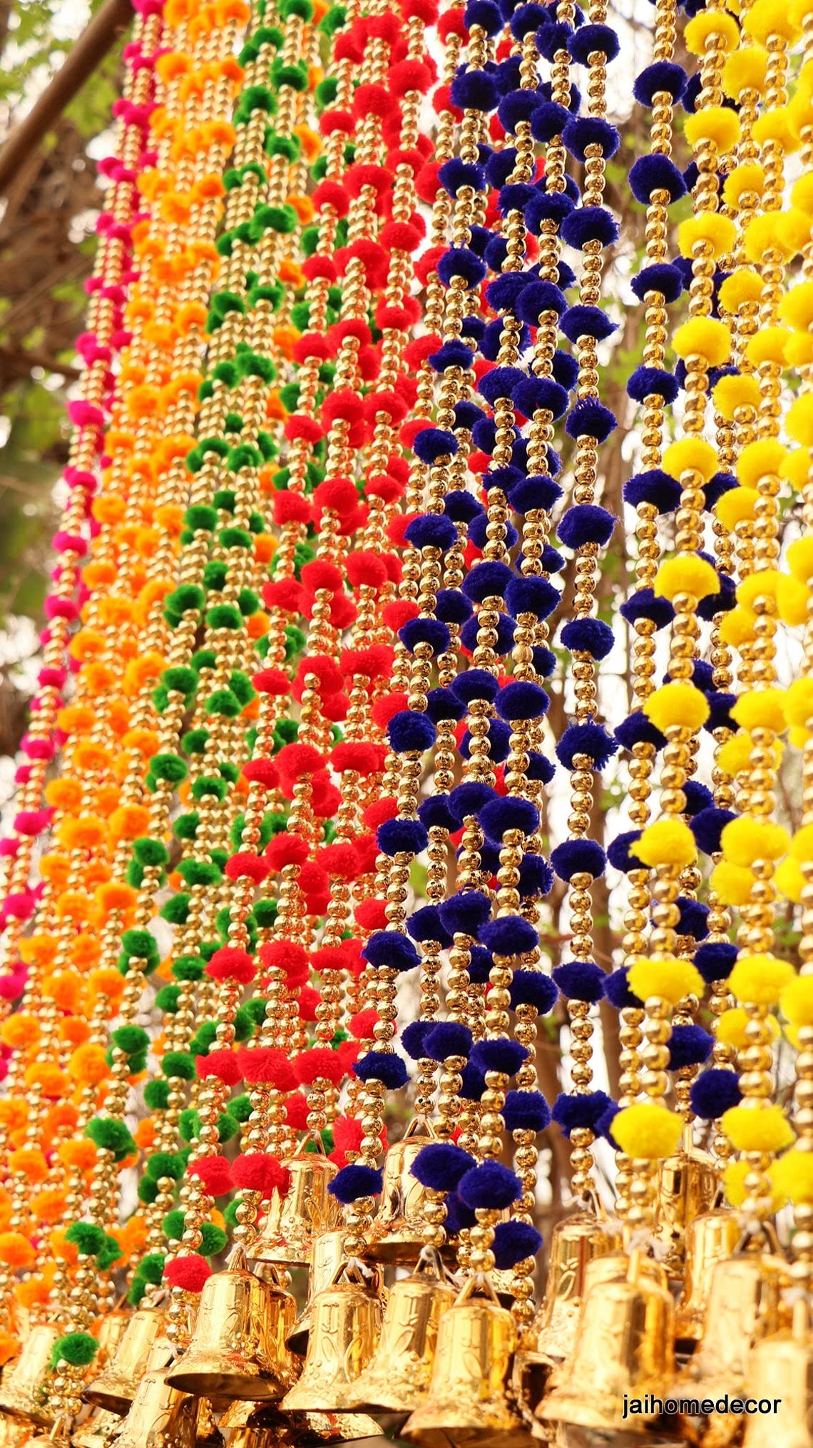 Nutts Handmade Wall Door Multicolor Pom Pom String with Golden Beads, Big Bell Hanging Torans Garland Bandhwar Decoration Item for Home Décor Diwali Festival, Navratri, (5 FT 2 Strings) (Pink)