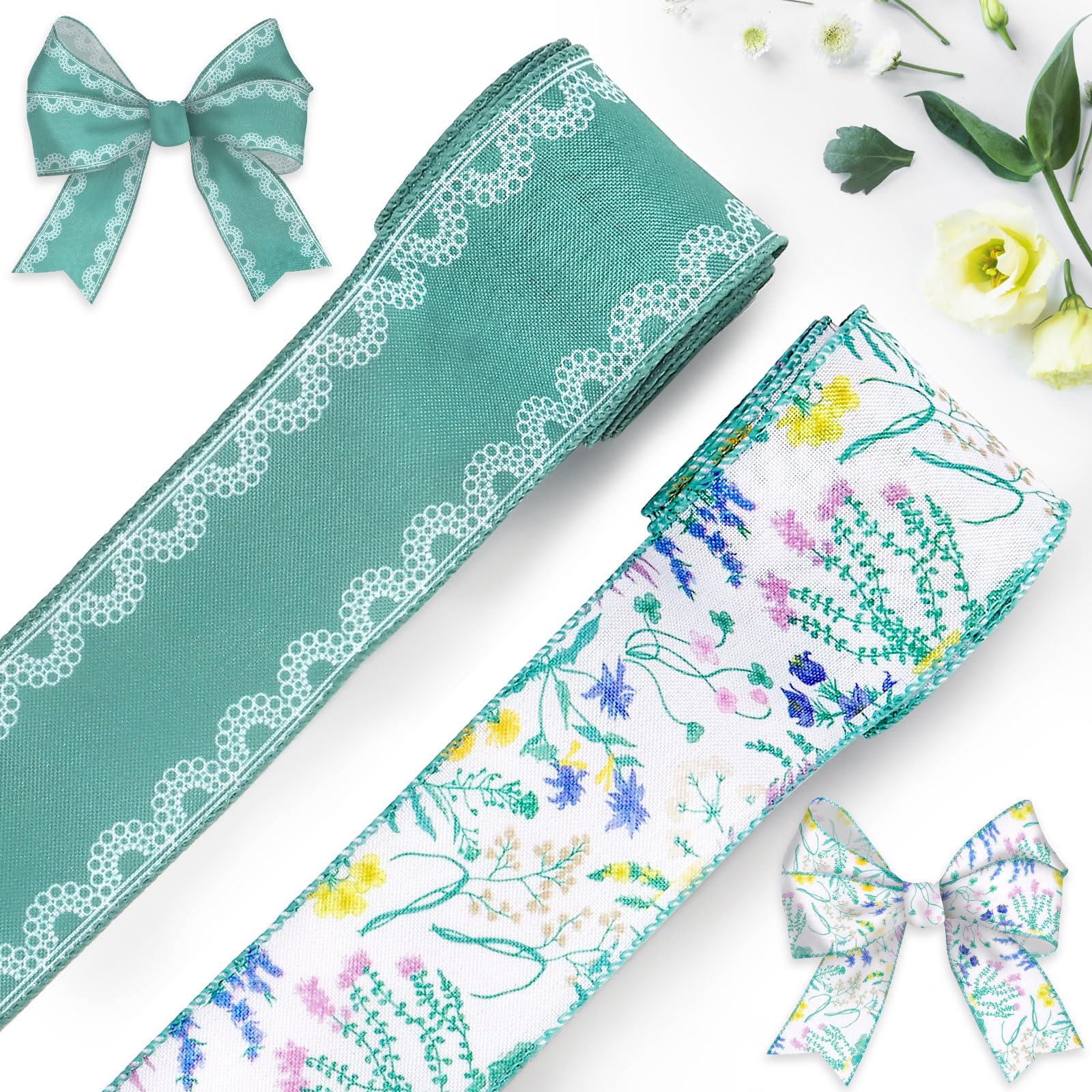 Spring Floral Wired Edge Ribbon for Wreath Bows – Vintage Botanical Pattern Burlap Ribbon – Gift Wrapping DIY Craft Ribbon for Spring Decor and Party