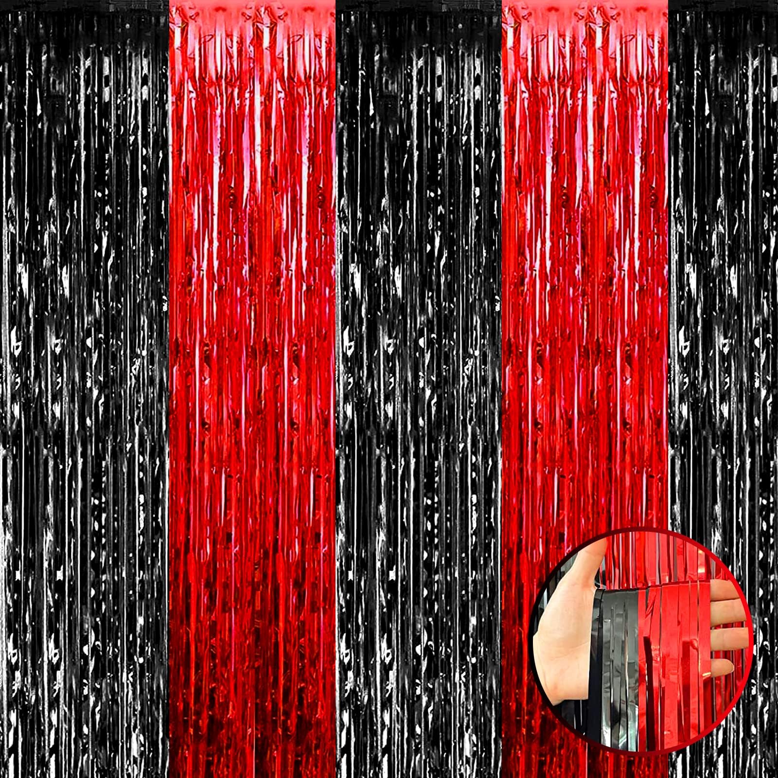 4 Pack Foil Fringe Curtain Backdrop, 3.28Ft x 8.2Ft Metallic Tinsel Foil Fringe Streamers for Photo Booth, Wedding, Casino Viva Las Vegas Game Night Birthday Party Decoration (Black Red)