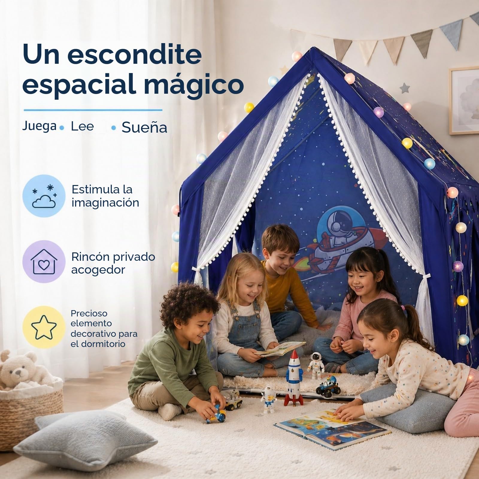 Tienda de Juegos Infantil con Luz LED y Alfombrilla Antideslizante | Tienda de Campaña Montaje Rápido, Dimensiones 160×105×128cm, Amplia Casita Infantil para Juegos en Casa, para Niños y Niñas