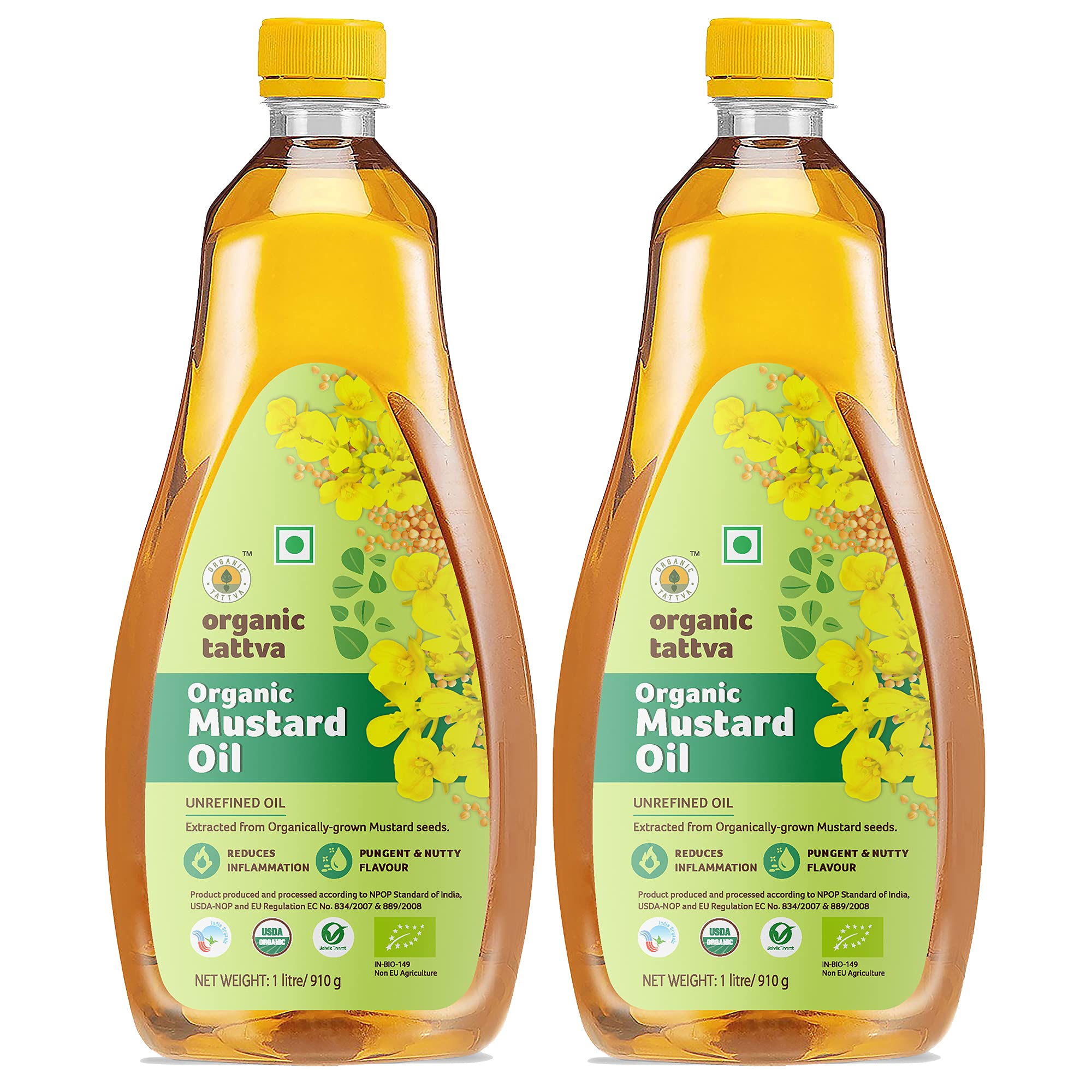 Organic Tattva, Organic Cold Pressed Mustard/Sarso Unrefined Cooking Oil - 1 Litre (Pack of 2)