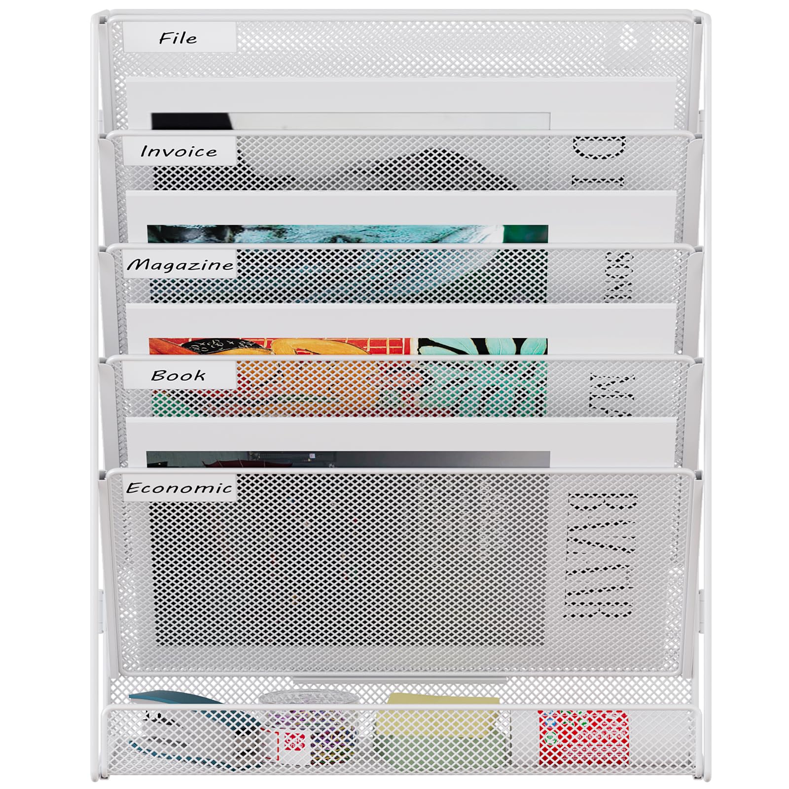 EasyPAG 6 Compartimento Metal Montar A4 Soporte Documentos Pared Oficina Archivador de Pared Organizador Correo Revistas Pared Almacenamiento Archivos Revistero,Blanco