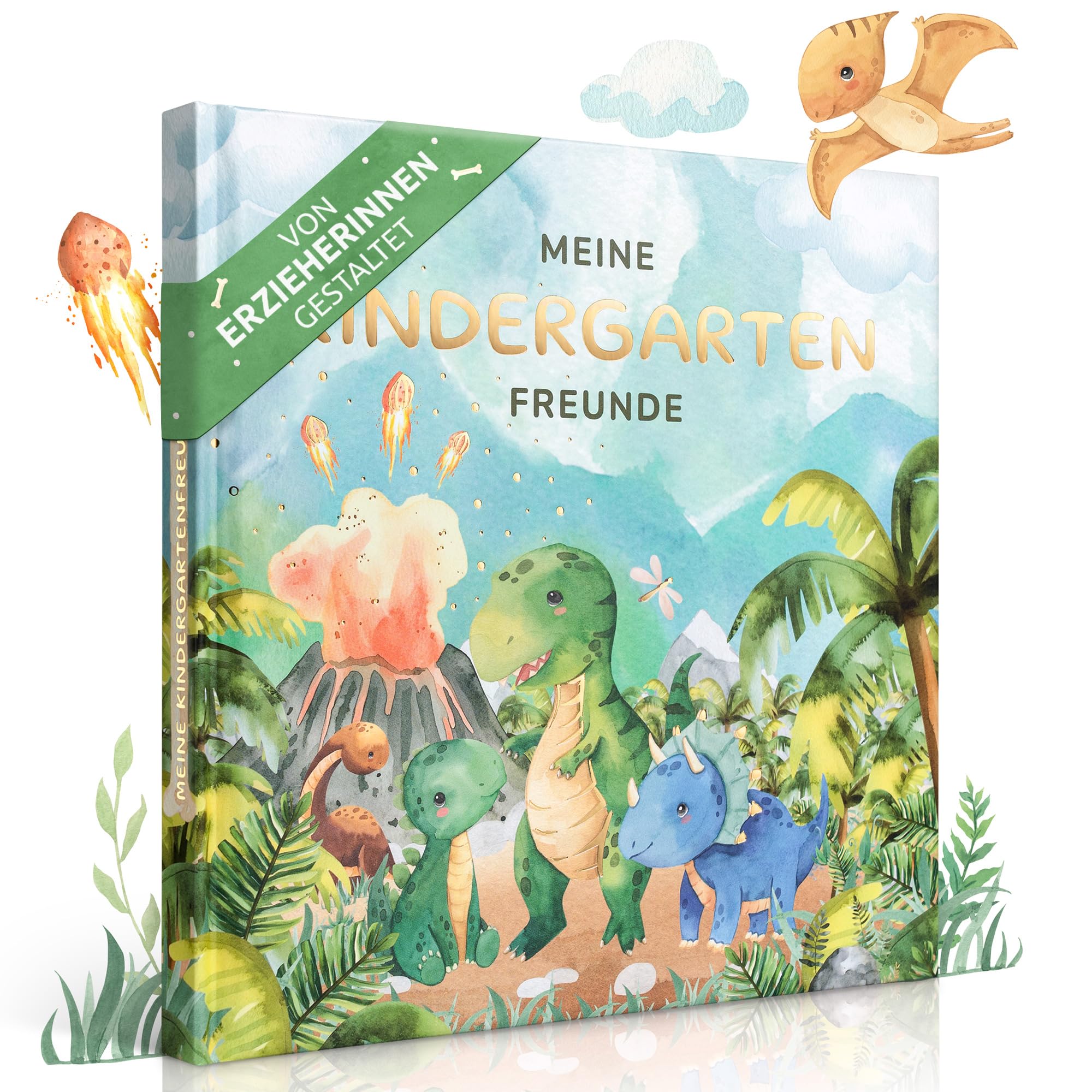 EULENTALER® Das Kindergarten Freundebuch für Jungs I Von Erzieherinnen gestaltet I Handgemalte Dinosaurier I Kinderfreundliche Gestaltung I mit Goldprägung I Kindergartenfreundebuch Dino