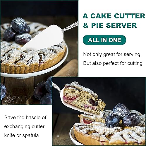 Miniatura 9 de E-far - Servidor de pastel de 5 piezas, cortador de espátula de acero inoxidable para pastelería queso pizza, borde dentado con mango redondo,