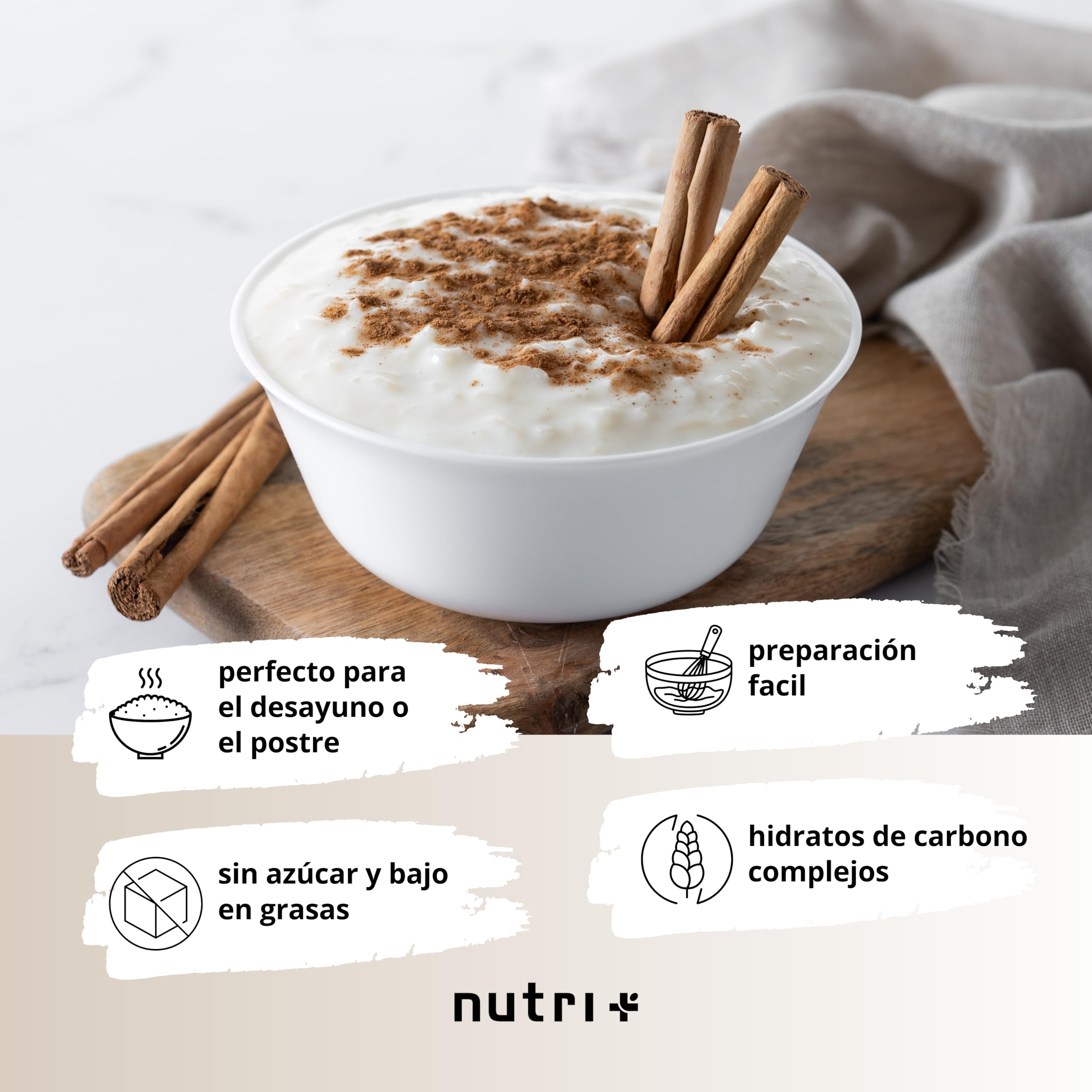 Nutri + Budín de Arroz en Polvo 1 kg sin Azúcar + Edulcorantes - Sabor Neutro - Rice Pudding instantáneo 1000 g natural - bajo en Grasa + cremoso - Merienda perfecta