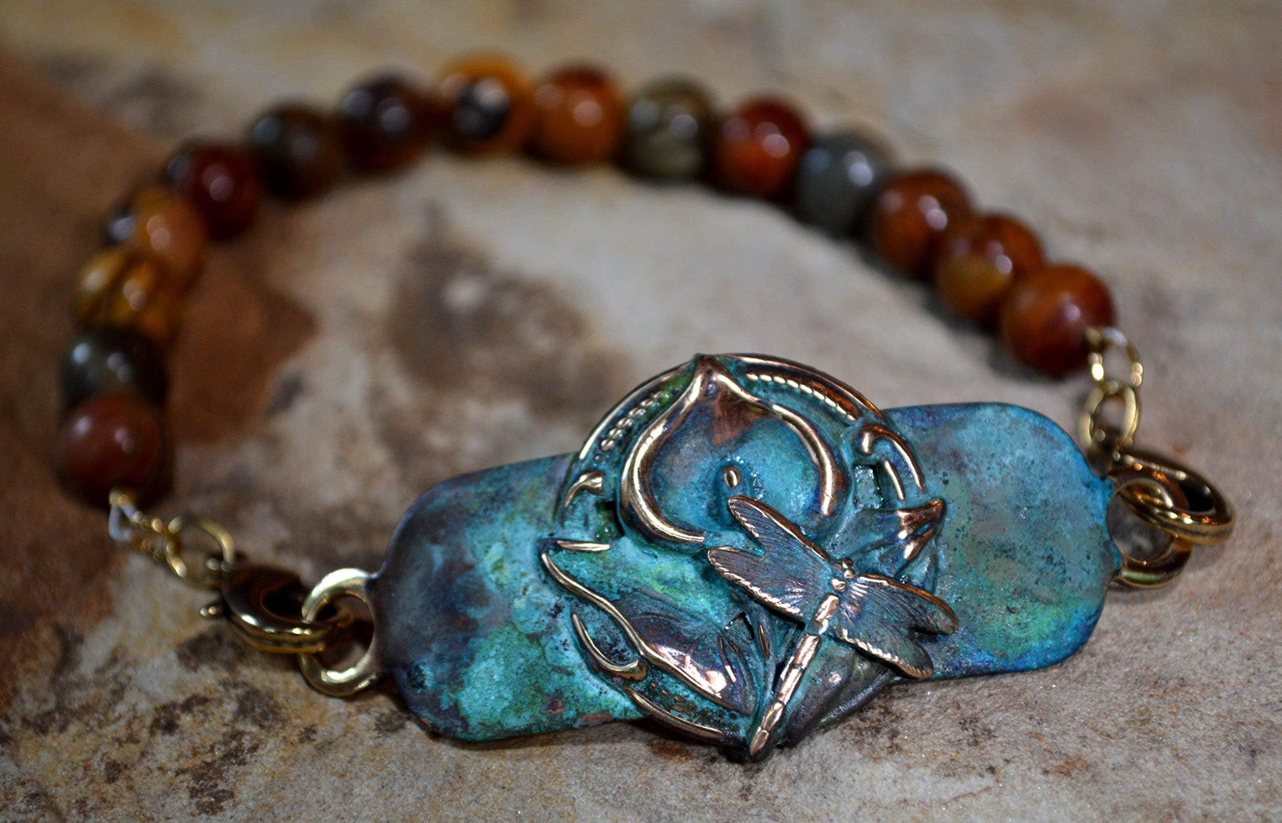 Elaine Coyne Wearable Art Patina Zen Dragonfly on Calla Lily Interchangeable Rockband Bracelet - Dakota Jasper