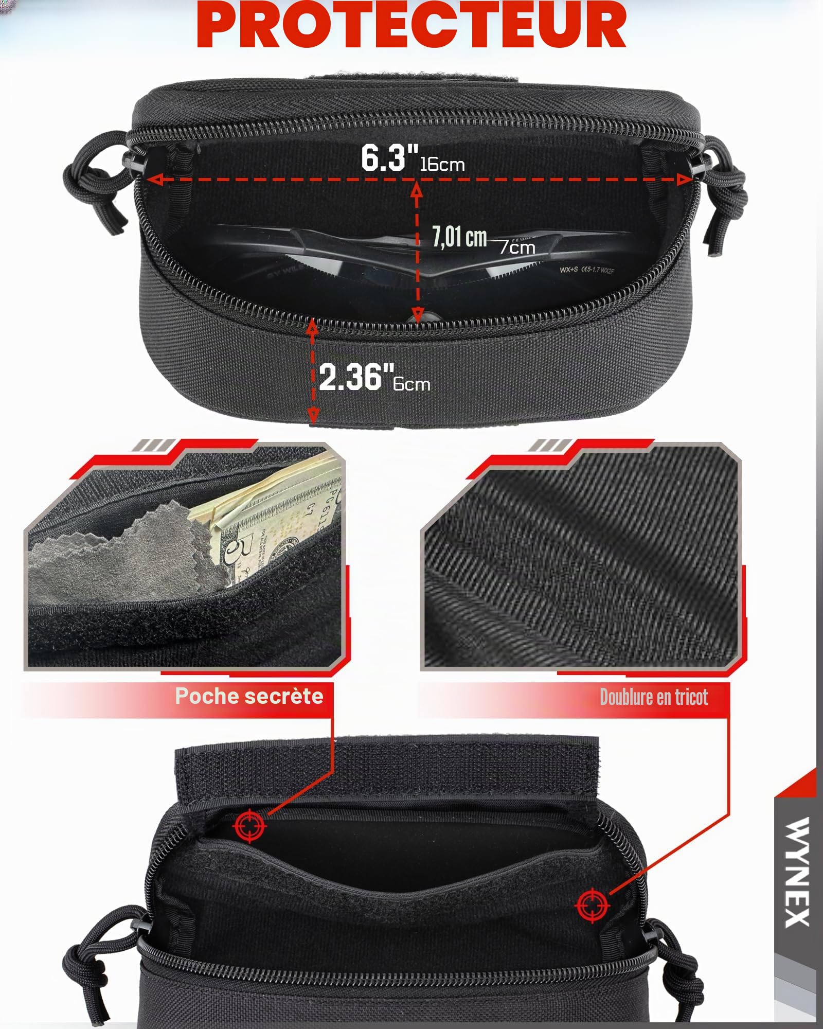 WYNEX Étui à Lunettes Rigide pour Homme Femme Poche Molle Tactique pour Lunettes Universel Boitier à Lunettes de Soleil Antichoc Boîte Lunettes en 1000D Nylon avec Fermeture Éclair
