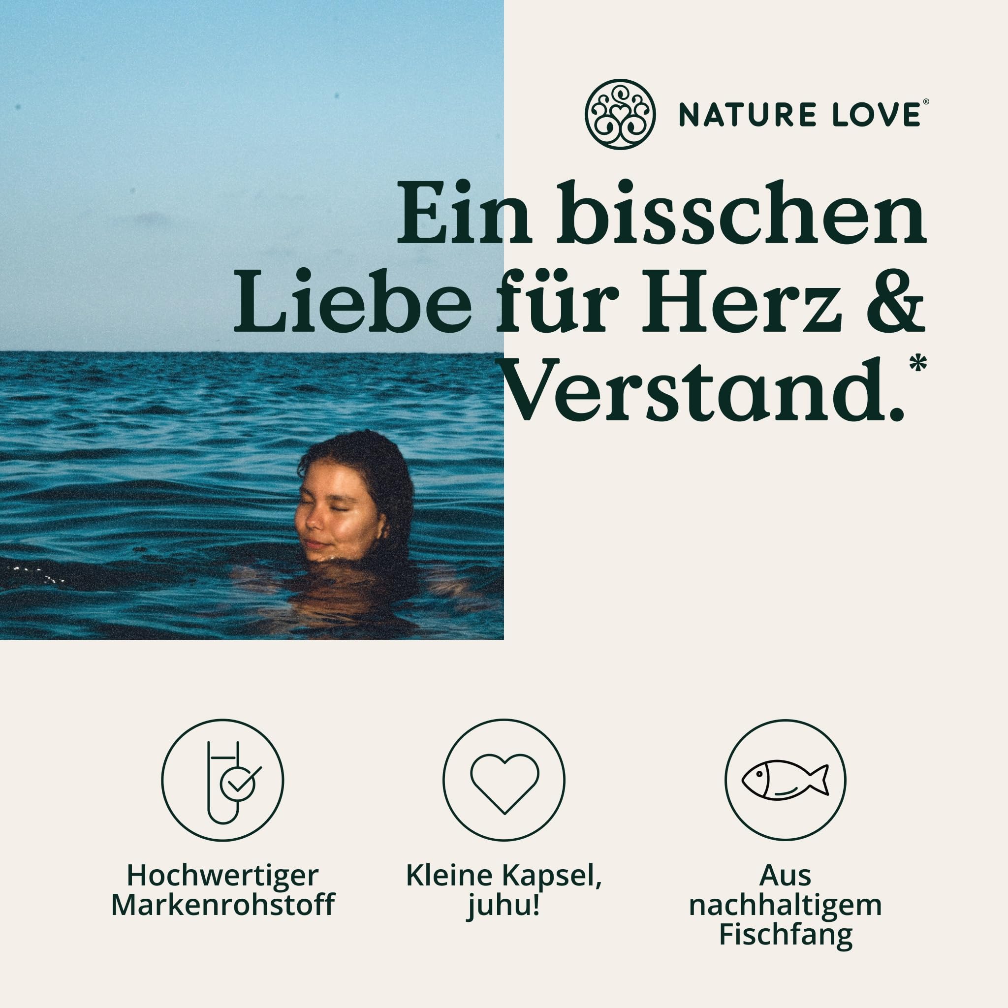 Nature Love Omega 3 - hochdosiert mit 650mg Omega 3 Fettsäuren pro Tagesdosis - 365 kleine Kapseln mit Spitzenrohstoff AlaskOmega® (MSC-zertifiziert) - ohne Zusätze in Deutschland produziert