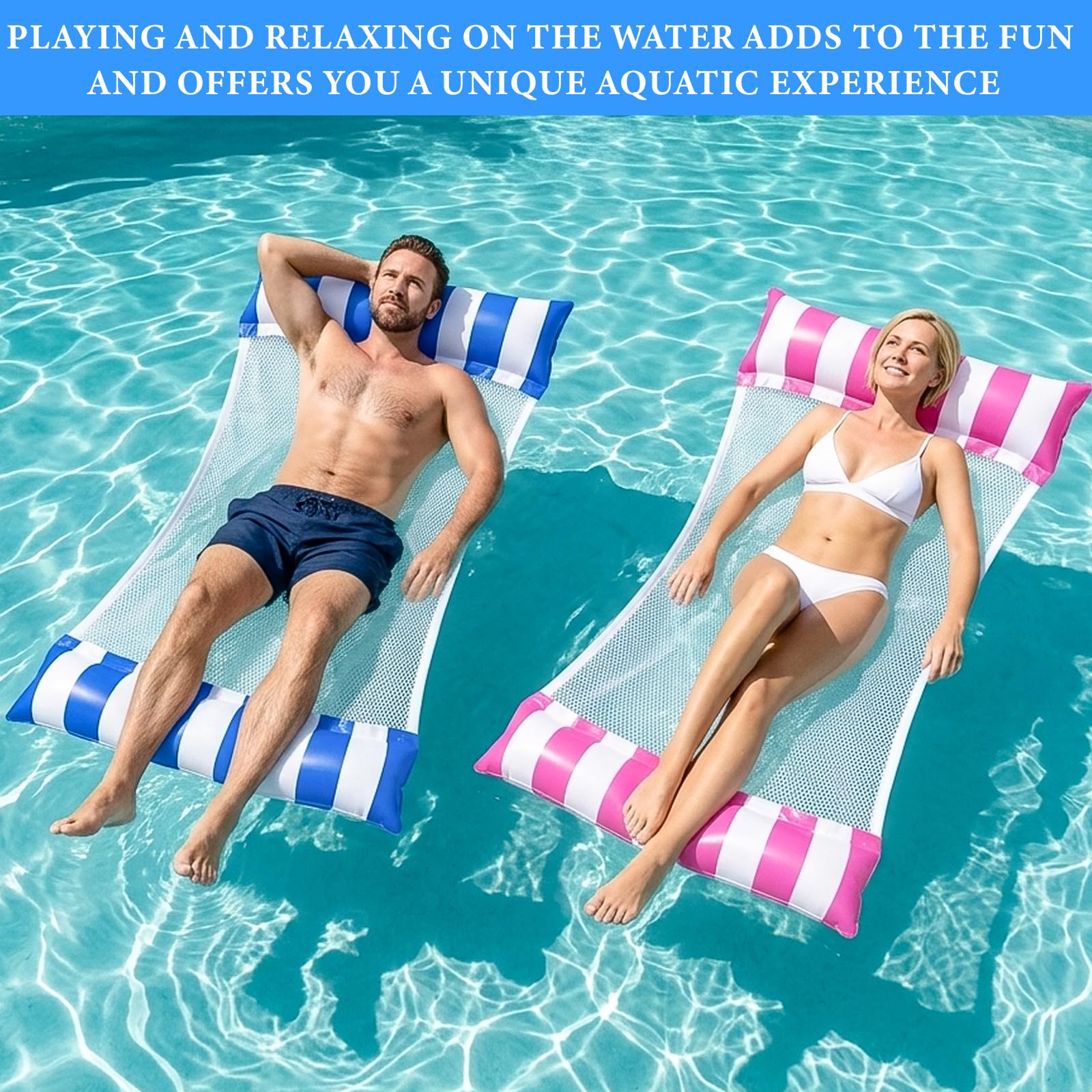 2 Piezas Colchoneta Piscina Adultos, Colchoneta Hinchable Piscina XL, Hamaca de Agua 4 en 1 con Red, para Piscina, Playa, Verano, Vacaciones y Relax