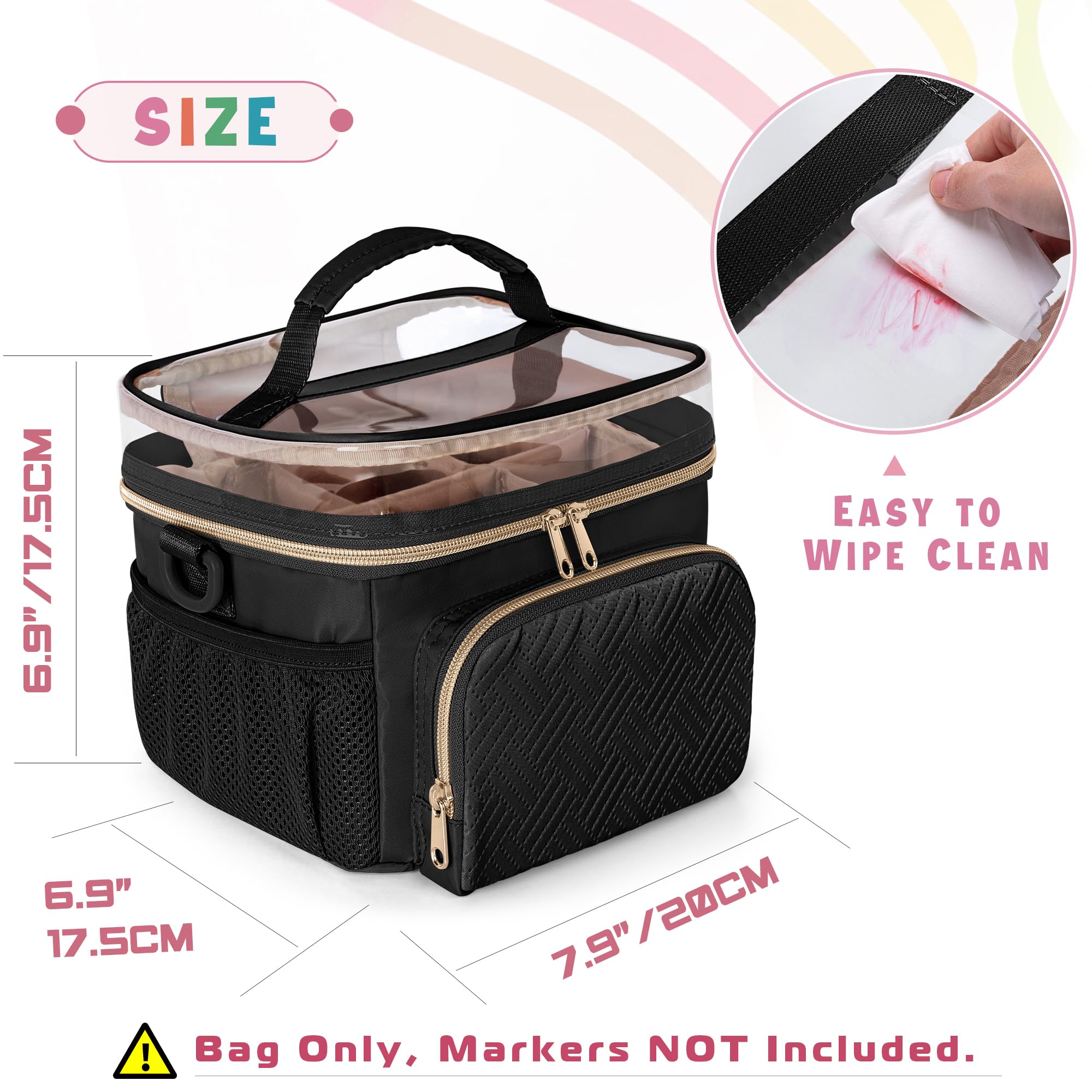 Rexmica Reisetragetasche Für 100 Farben Marker Stifte, Marker Aufbewahrungstasche mit Trennwand und Schultergurt, Reisetragetasche mit 3 Taschen, Schwarz (Leerer Beutel)