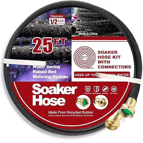 Manguera de remojo de 25 pies para camas de jardín, resistente conector de latón macizo de 34 pulgadas, manguera de jardín de 12 pulgada para