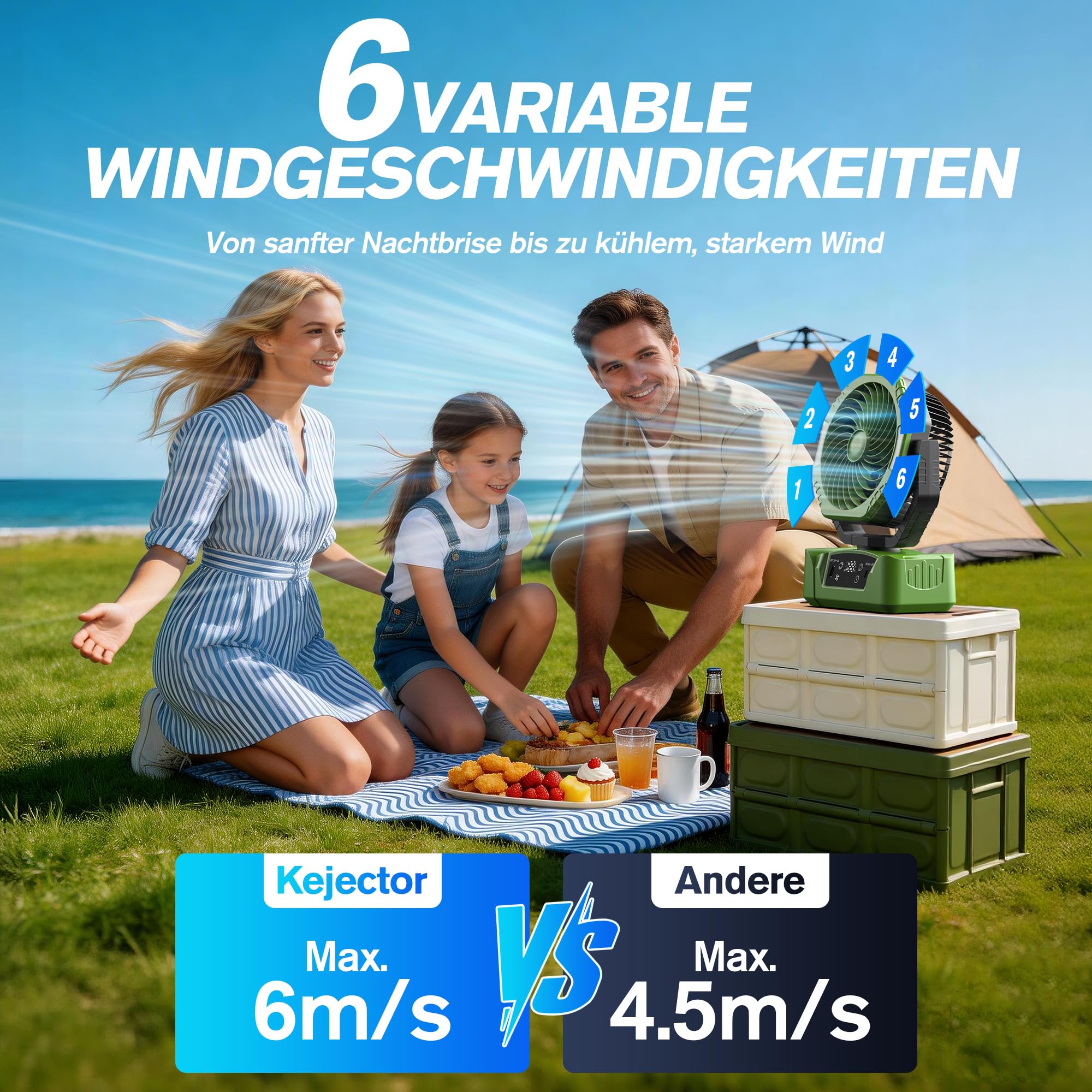 Kejector Akku Ventilator Camping 24000mAh USB Ventilator mit Licht Digitalanzeige Tischventilator mit Fernbedienung Tragbarer Camping Zubehör 6 Geschwindigkeitsstufen Für Zelt Outdoor Zuhause Terrasse