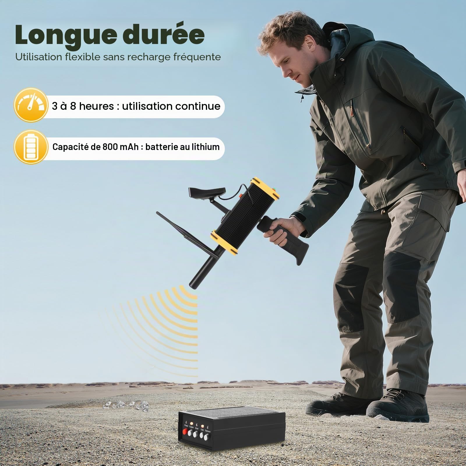 Détecteur de métaux avec écran LCD, portée de 990 m et profondeur de 16 m, détecteur haute précision rechargeable pour l'archéologie/recherche de trésors/sécurité