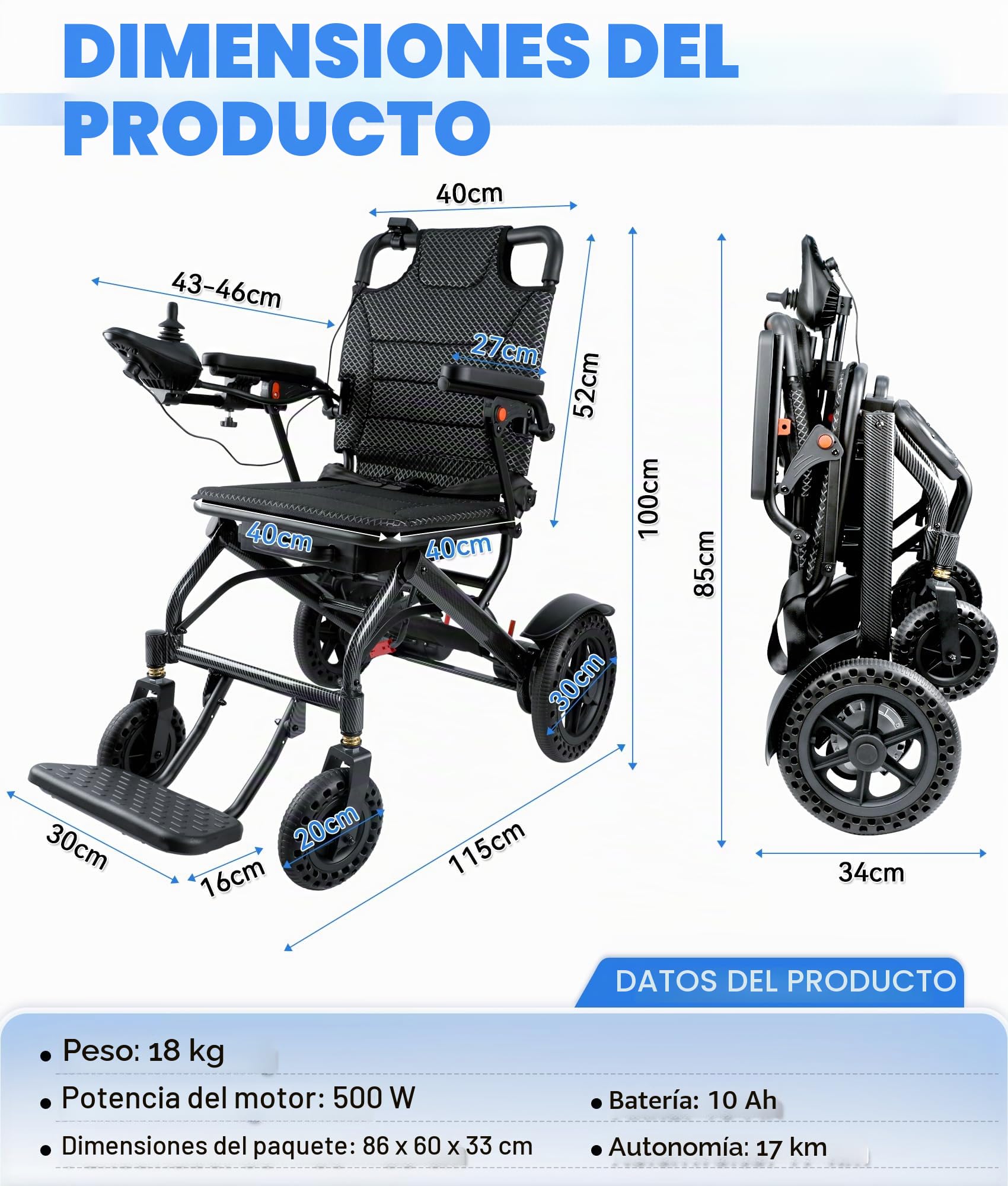 Silla de Ruedas Eléctrica Plegable, 170KG Capacidad de Carga, Silla de Ruedas Eléctrica Ligera con Doble Control & Motor 500W & Freno Electromagnético para Mayores (Negro)