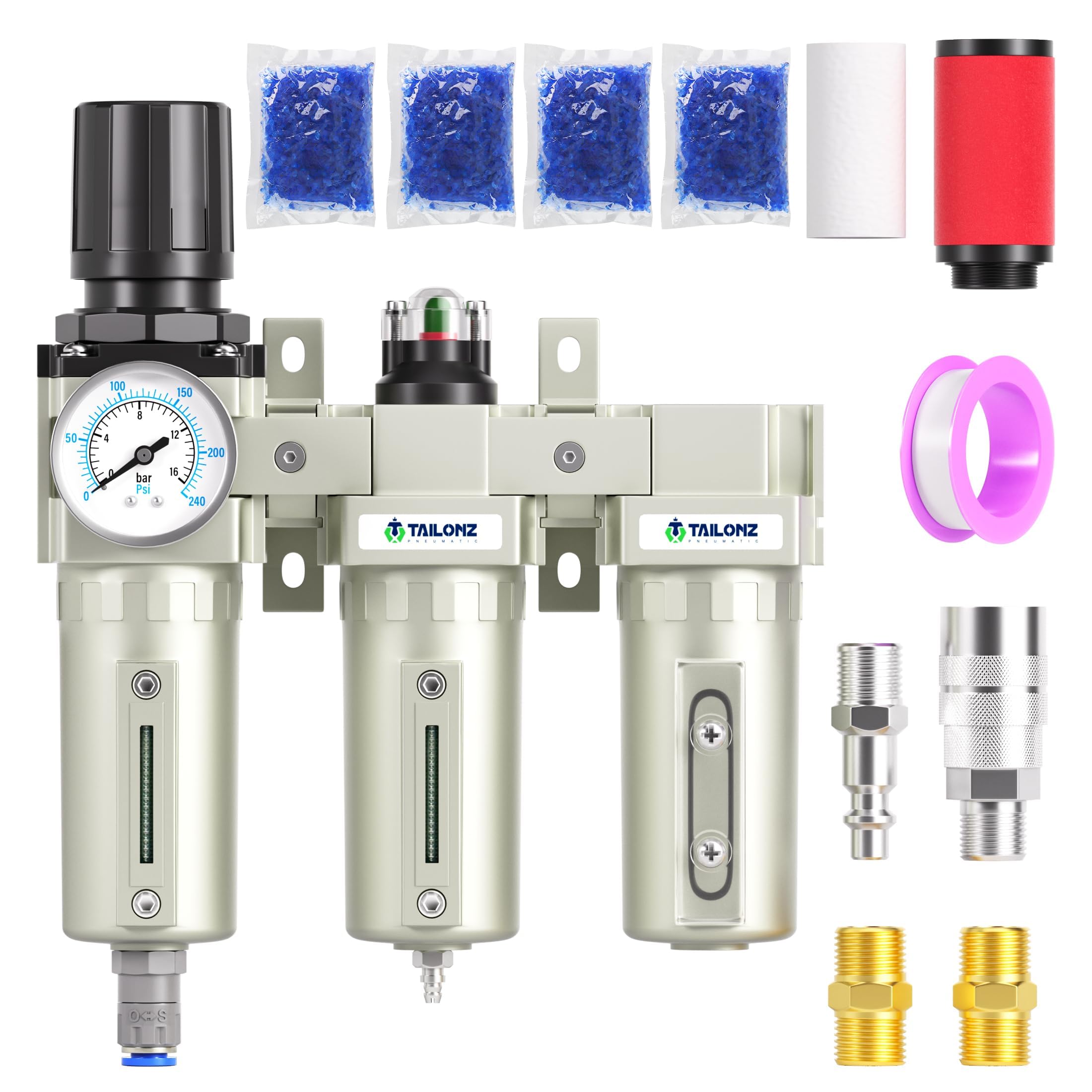 TAILONZ NEUMATIC 0-240PSI Dreistufiges industrielles Lufttrocknungssystem, 1/2 Zoll NPT, Partikelfilter, Koaleszenzfilter, Trockenmitteltrockner und Luftregler (Drainage)