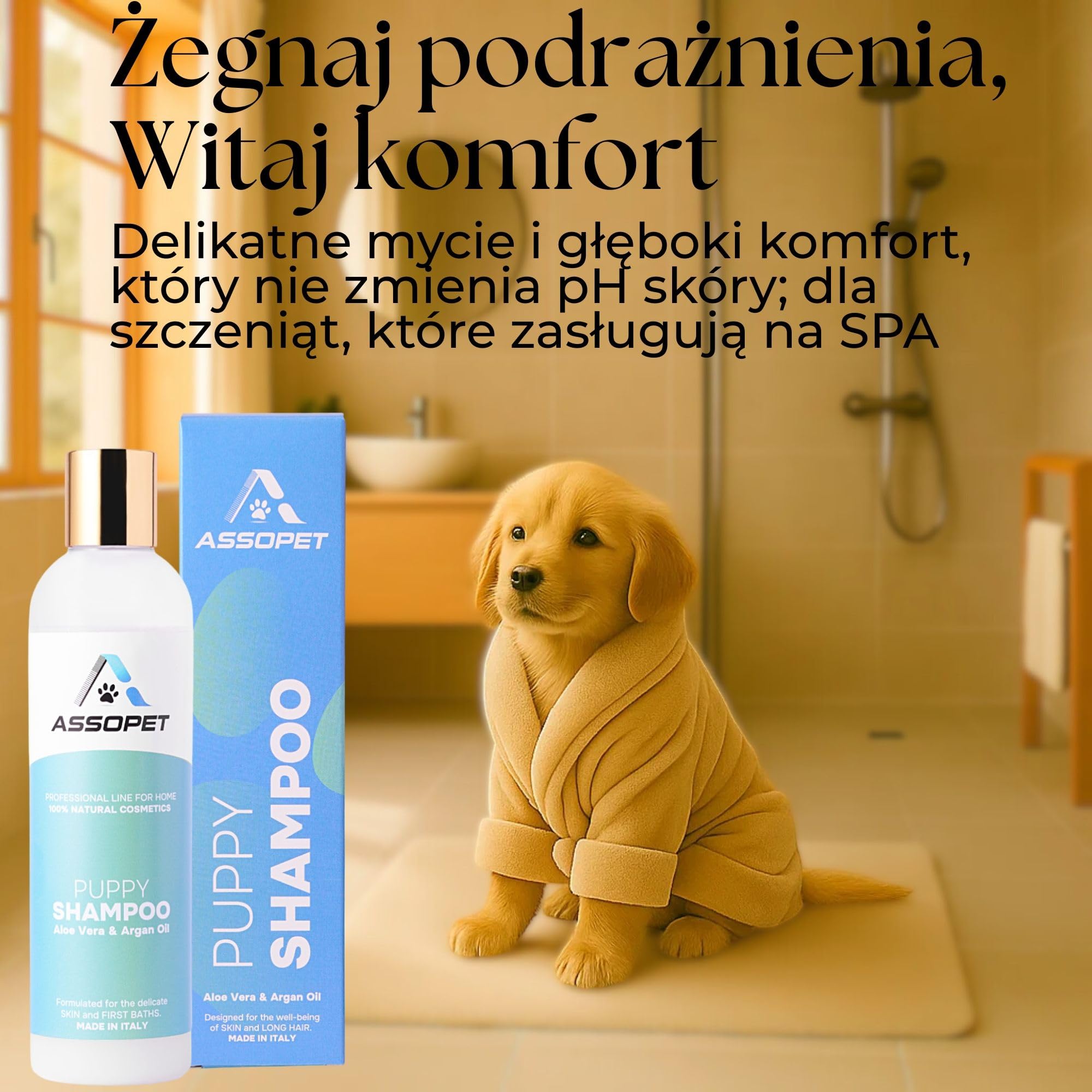 Szampon dla Szczeniąt 250ml – ASSOPET – Ultra-Delikatny Szampon dla Psów z Bio Olejem Arganowym i Bio Aloesem – Bezpieczny, 100% Naturalny, Bez Parabenów i Silikonów – Made in Italy