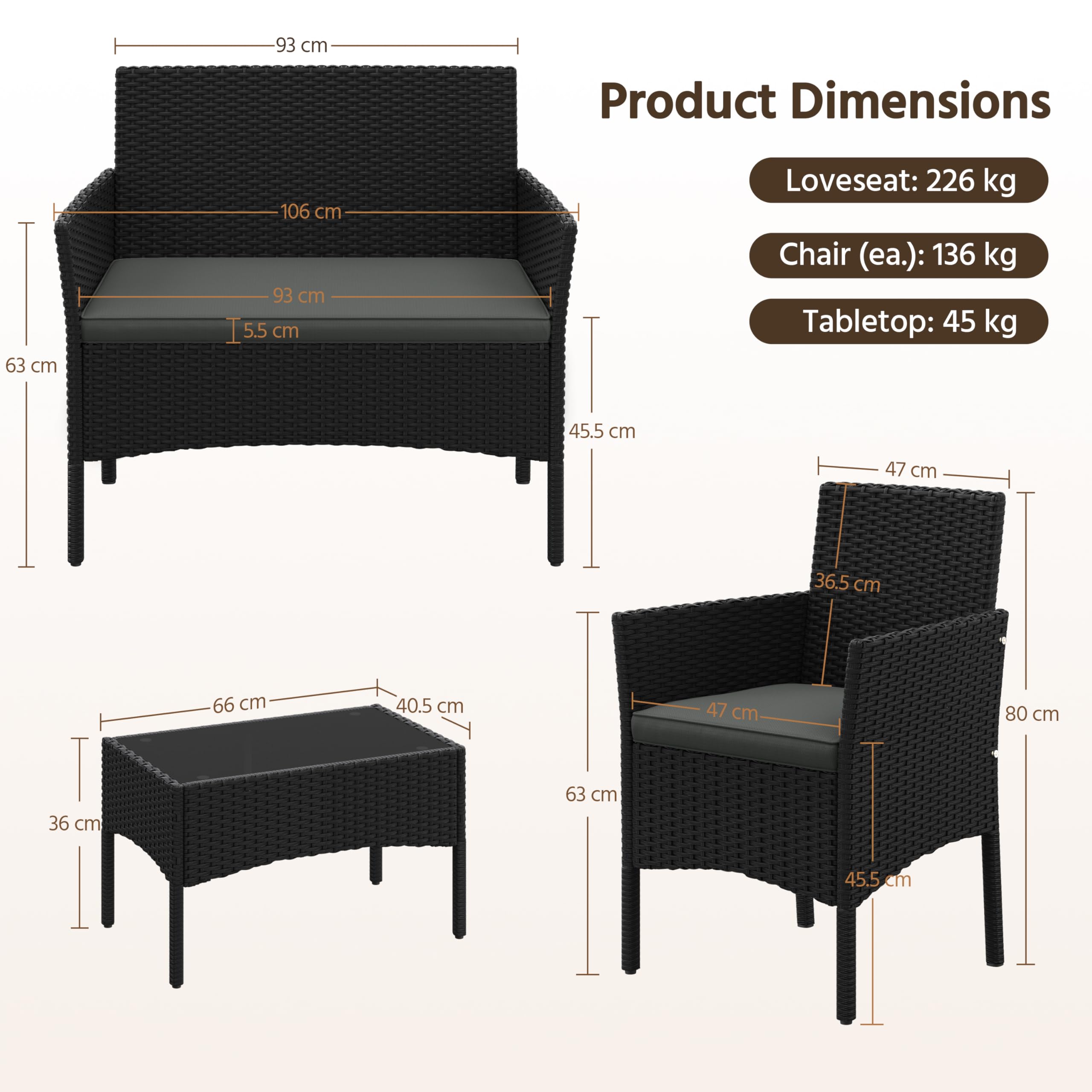 Yaheetech 4-Piece Rattan Patio Furniture Set, Outdoor 4 Seater Patio Conversation Sets with Glass Top Coffee Table, Weather Resistant Garden Conversation Set for Patio, Backyard, Deck, Black/Gray - 5