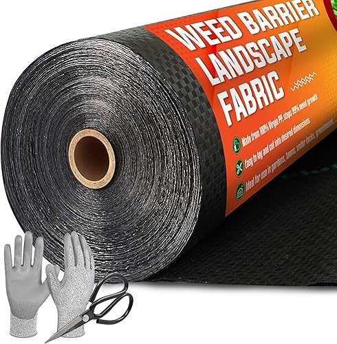 Tela de barrera de malezas de jardín de 5 x 500 pies (incluyendo tijeras y guantes), alfombrilla grande de jardinería con bloque de malas hierbas,