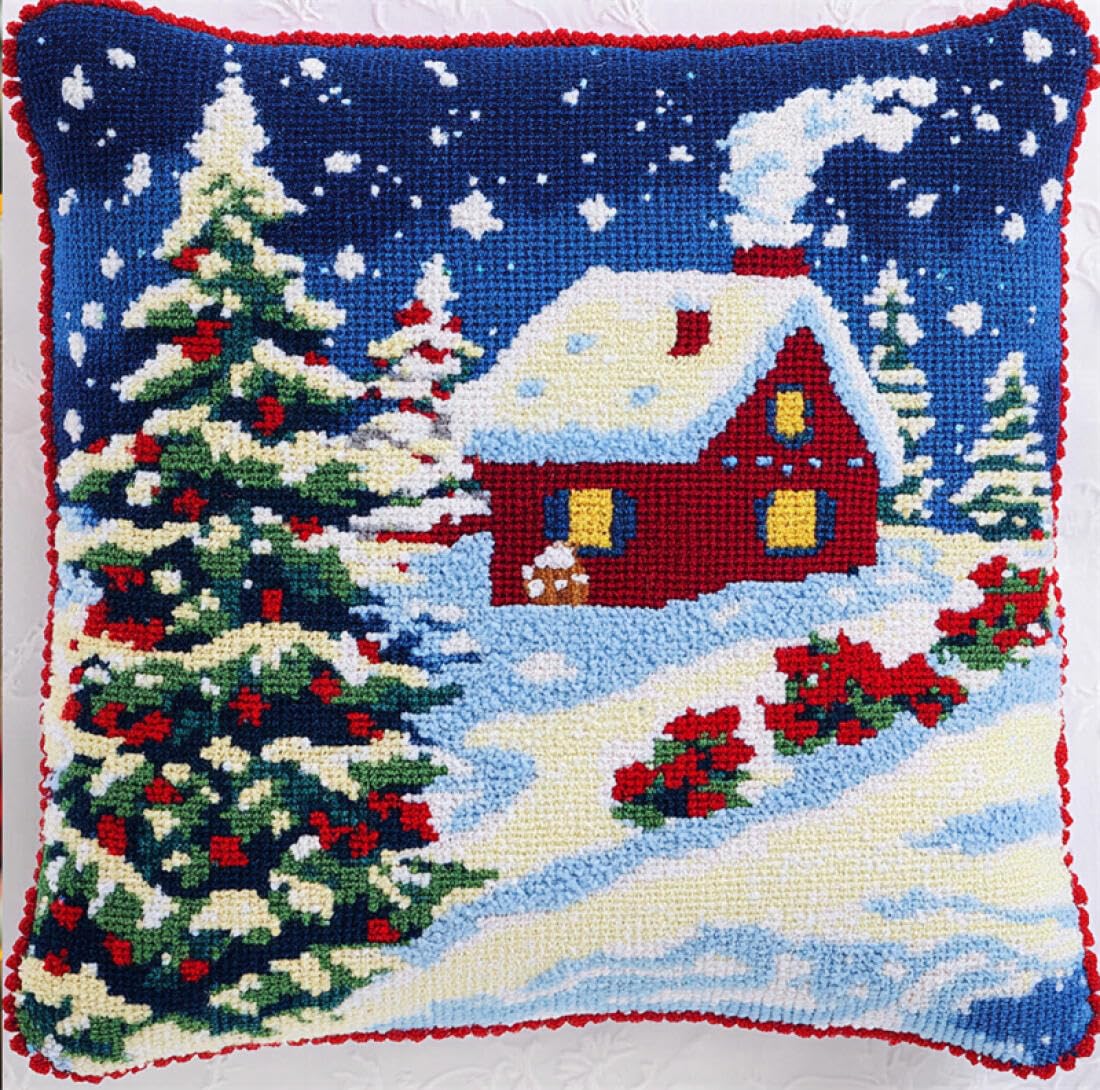Kitquiver Cushion Making Kit Snowy Cabin Scenery DIY Latch Hook Kits Pillowcase Embroidery,Knitting,Gift for Adults/Beginners 17x17In
