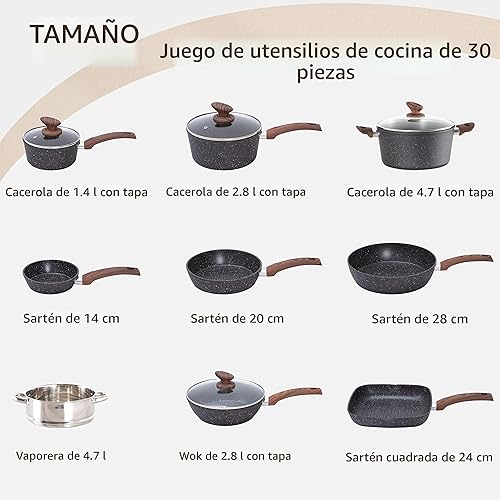 Miniatura 7 de Kitchen Induction - Juego de utensilios de cocina y utensilios para hornear  Juego de 30 sartenes de granito negro, juego de ollas y sartenes