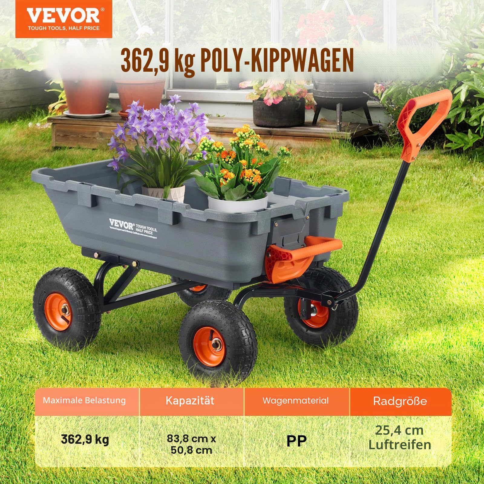 VEVOR Gartenwagen, Gartenkarre mit leicht zu montierendem Stahlrahmen, Kippbarer Transportwagen mit umwandelbarem 2-in-1-Griff, Mehrzweck-Schubkarre mit 360 kg Tragfähigkeit, 255 mm Reifen