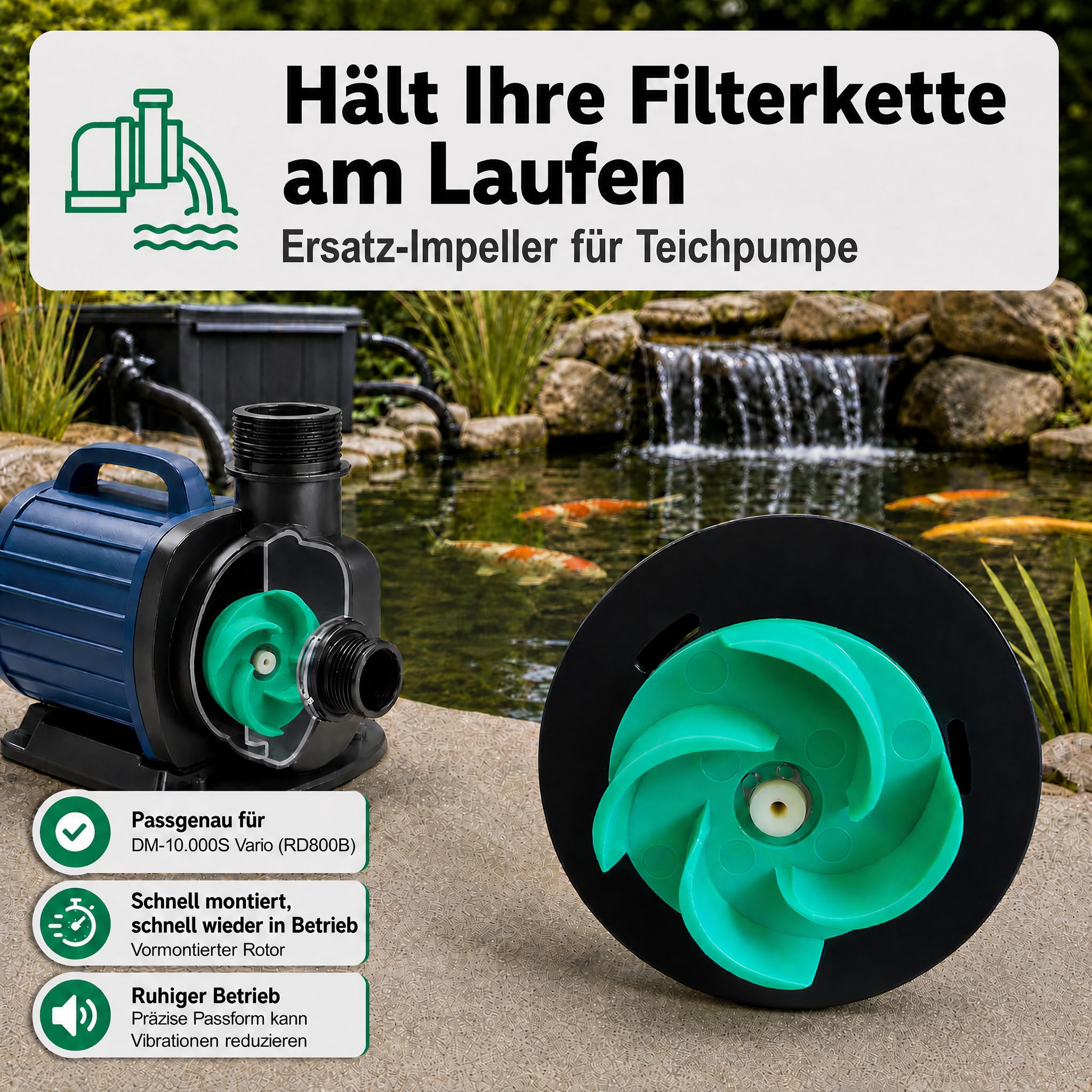 Impeller/Laufrad mit Rotor, kompatibel mit Aquaforte DM-10.000S Vario (RD800), Ersatzteil für Teichpumpe, Teilenummer RD800B, Kunststoff, Schwarz/Grün/Weiß