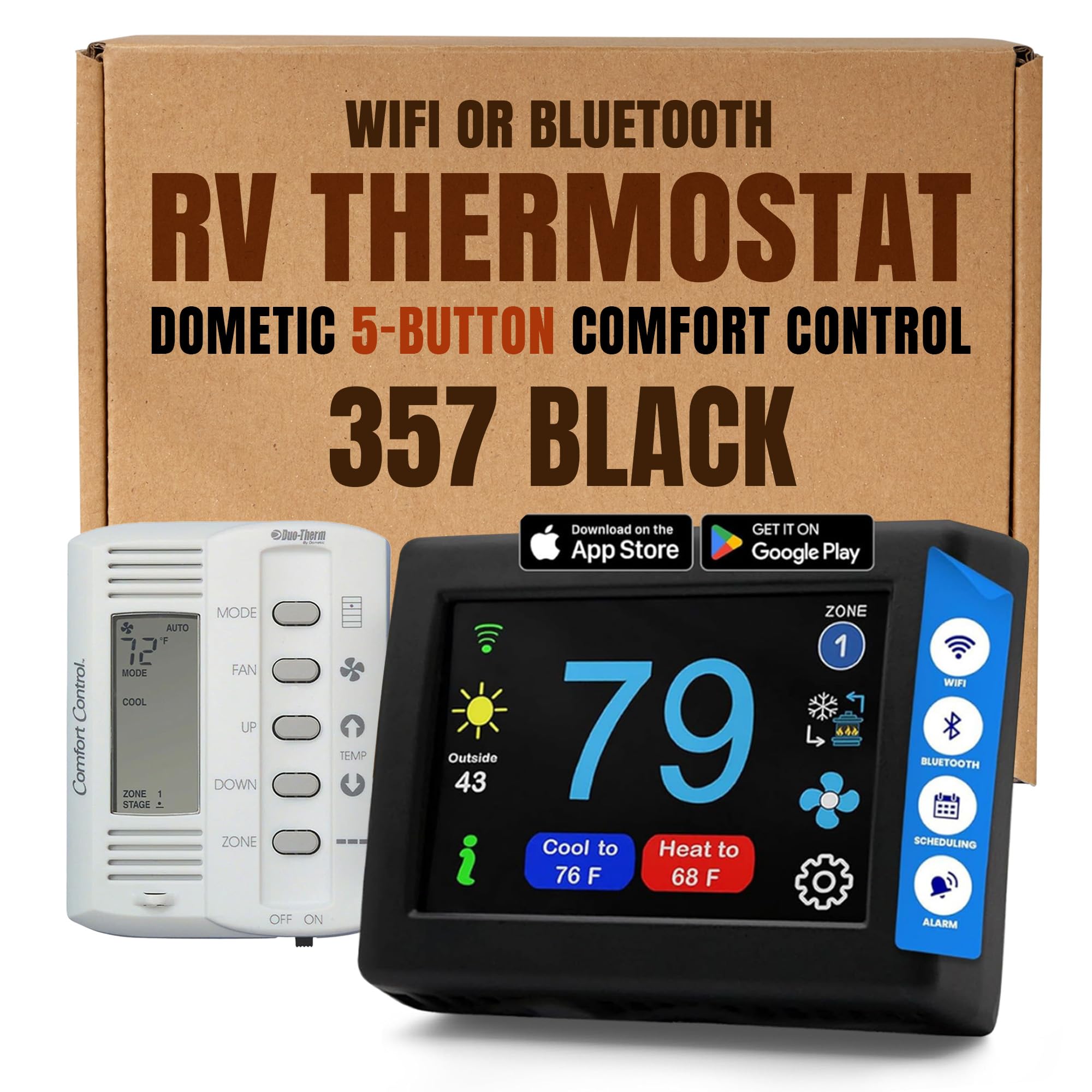 MICRO-AIR EasyTouch Digital RV Thermostat Replacement - Programmable and Reliable - WiFi and Bluetooth Enabled - Replacement Thermostat Compatible with Dometic 5 Button (357 Black)