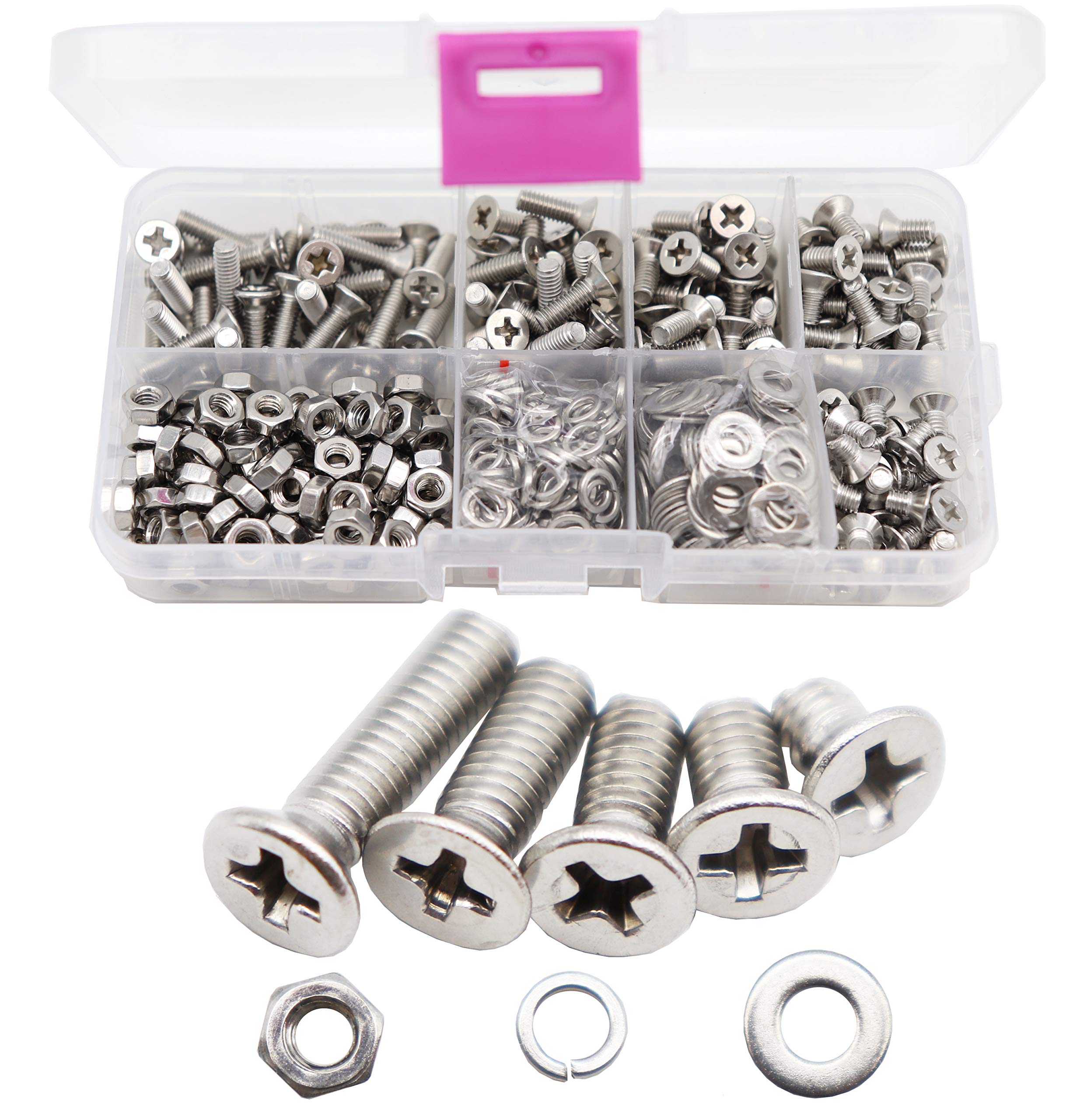 550pcs M4 Phillips Flat Head Countersunk Machine Screws Bolts Nuts Washers Assortment Kit, 304 Stainless Steel, M4 x 6mm/ 8mm/ 10mm/ 12mm/ 16mm
