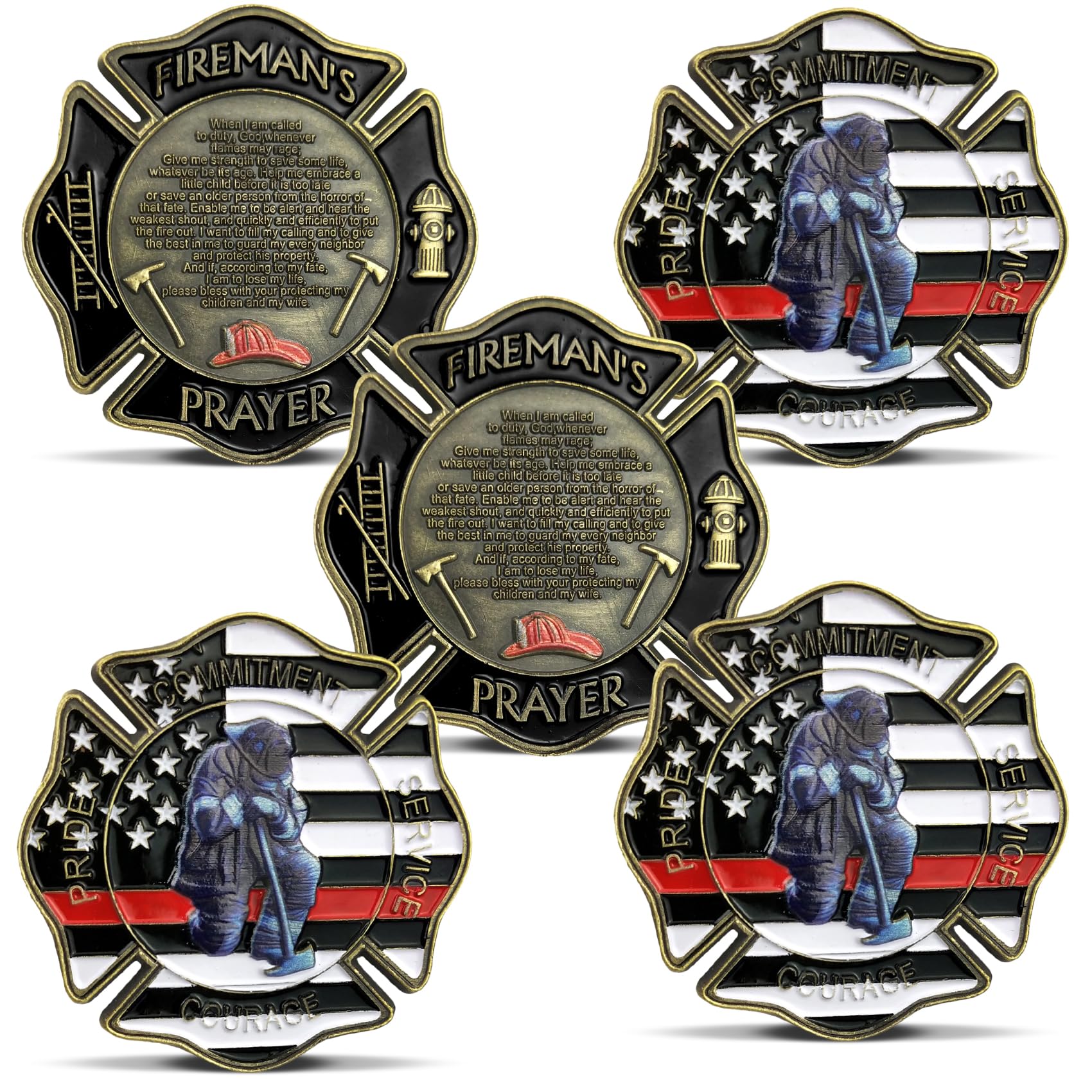 5PCS Firefighter Challenge Coin Set, Thin Red Line Maltese Cross Fireman Prayer Coin Firefighter Gifts