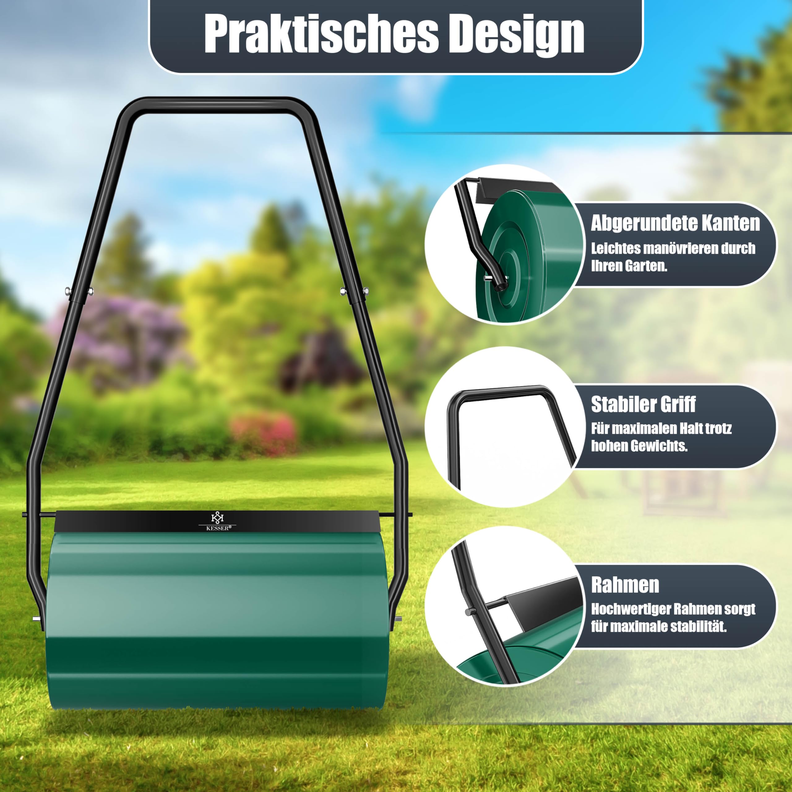 KESSER® Rouleau à Gazon 60cm 48L Volume Remplissage Métal déflecteur saleté & Gants Rouleau à Main Rouleau à Gazon Rouleau Jardin Rouleau agricole Rouleau pouvant être rempli d'eau/Sable 60 kg Vert