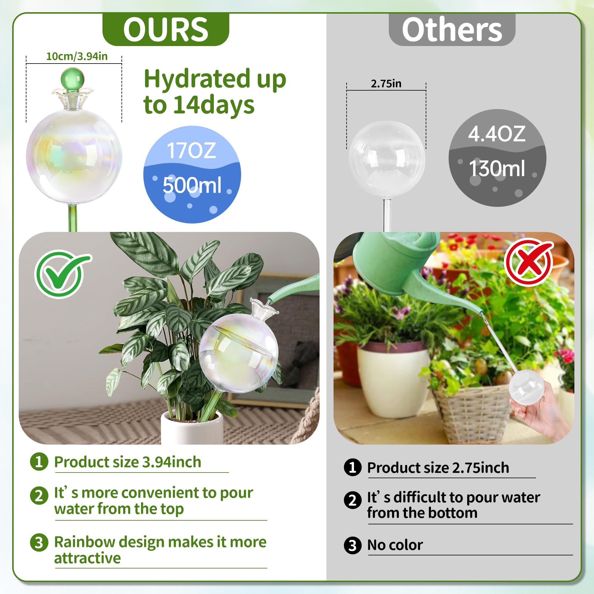Lot de 4 globes d'arrosage de plantes extra larges en verre irisé de 500 ml pour 2 semaines, bulbes d'arrosage automatique pour un usage quotidien ou en vacances