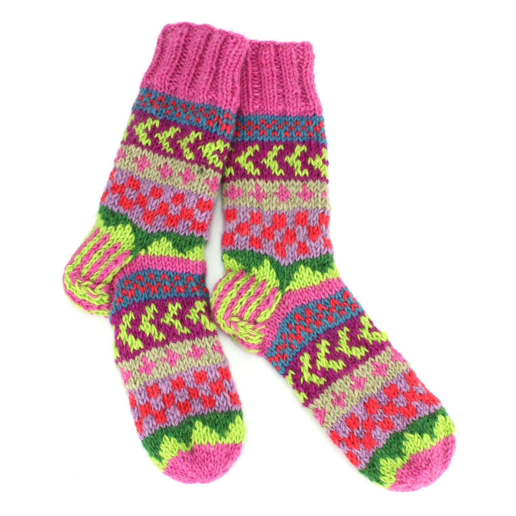LOUDelephant Hand Knitted Wool Slipper Socks Lined - Chevron Pink