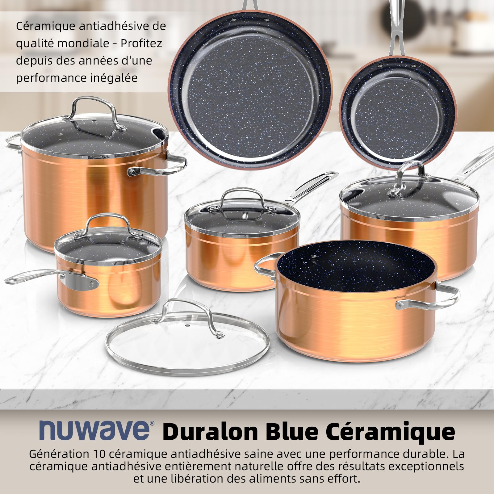 Nuwave Batterie de Cuisine 12 Pièces, Céramique Duralon, Cuivre, Sans PFAS | Revêtement céramique Generation 10; dureté 9H anti-rayures & taches; four jusqu'à 260 °C; tous feux compatibles