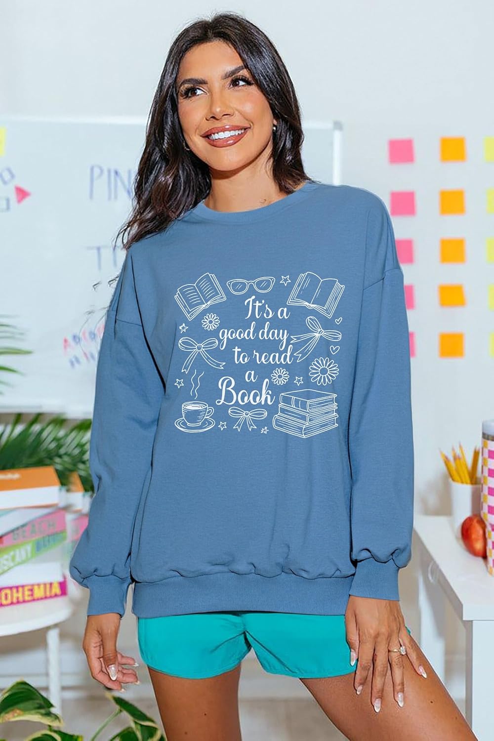 ALLTB Book Sweatshirts Women It’s a Good Day to Read Book Graphic Shirt Bookish Teacher Reading Pullover Long Sleeve Top - Image 2