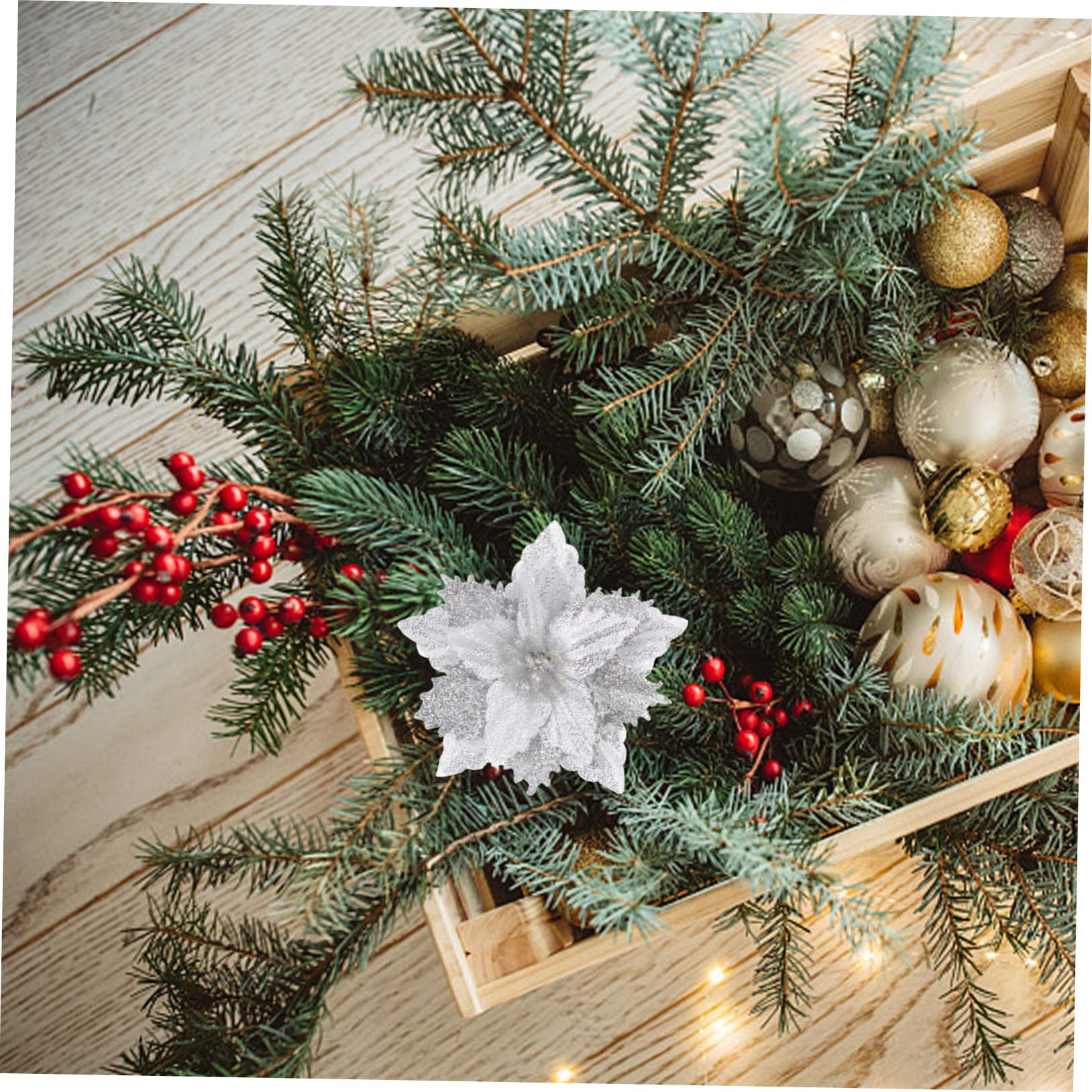 64 pcs Fleur de Noël Artificielle Fleur de Noël Fête Fleur Prop Poinsettia Fleurs Artificielles Noël Paillettes Fleurs Vacances Paillettes Poudre Fleurs Artificielles Arbre de Noël