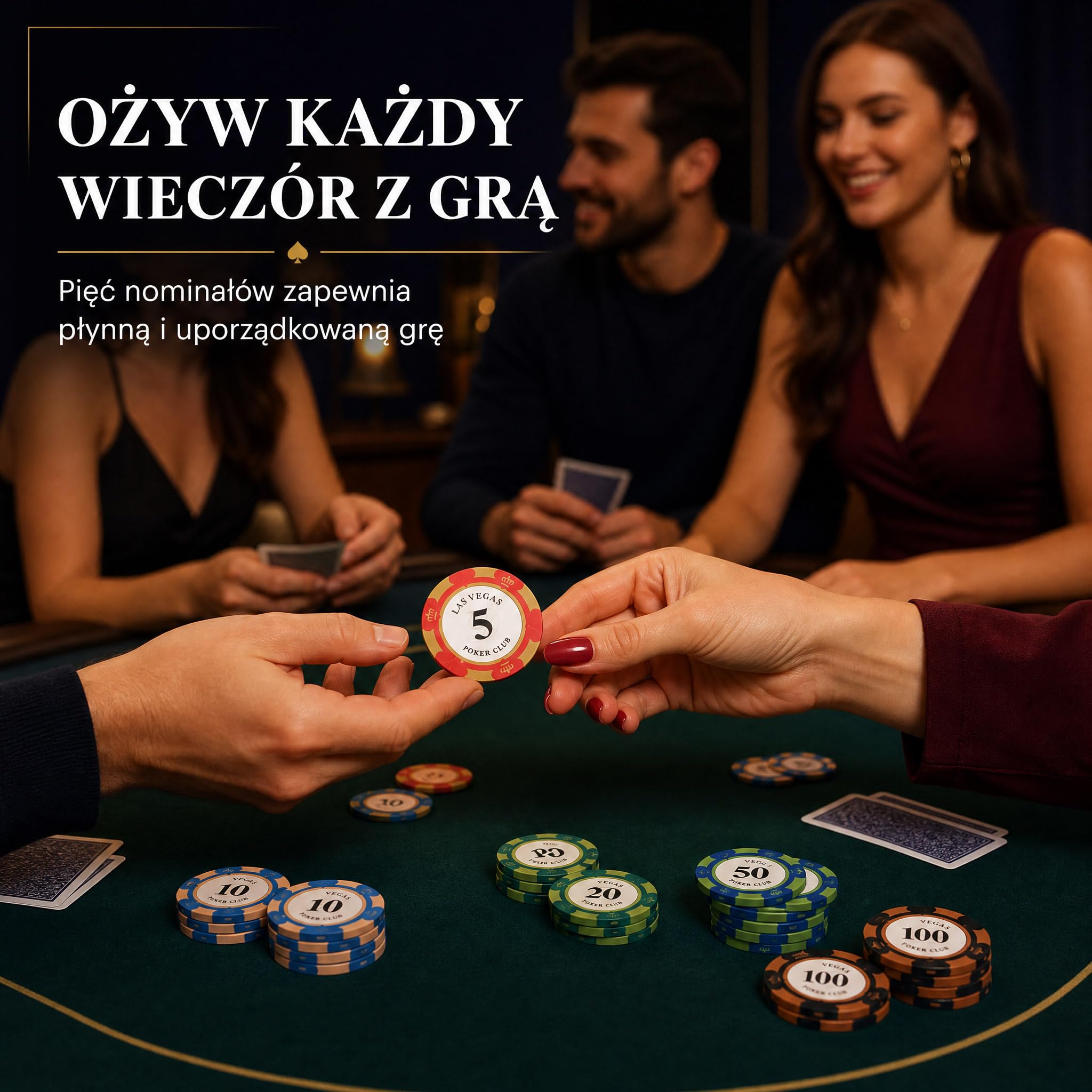 Żetony do pokera 100 szt., nominały 5–100, pudełko akrylowe | Po 20 sztuk nominałów 5, 10, 20, 50 i 100; do blackjacka, Texas Hold’em, ruletki oraz domowych wieczorów kasynowych.