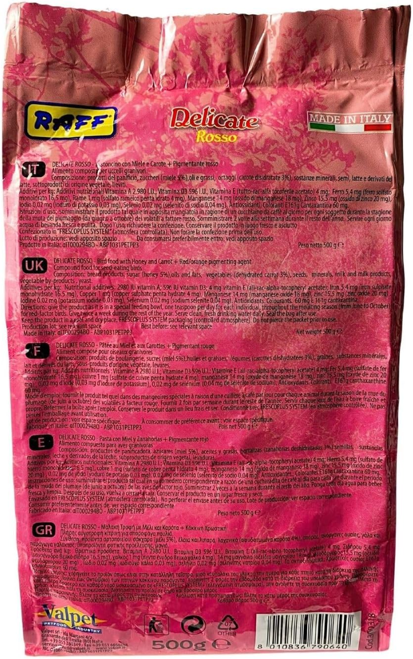 Raff Delicate Rosso 500g – Red Canary Food Enriched with Honey and Carrots – Specialized Red Factor Formula for Seed-Eating Birds Seeking Vibrant Plumage and Optimal Health
