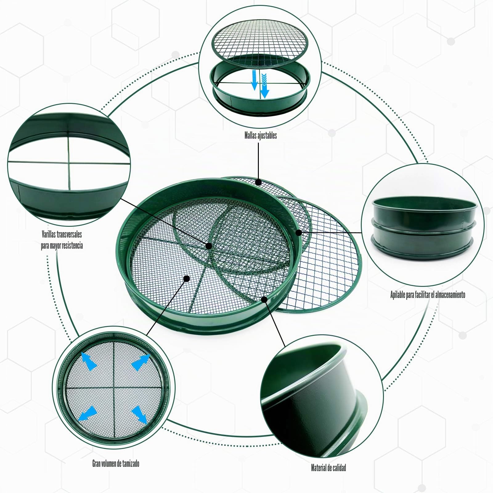 KOOLPUG Tamiz de Jardín, Tamiz Jardineria, Tamiz Jardin 3 en 1 con 3 mm/6 mm/12 mm Malla, Criba para Tierra, Criba para Aceitunas, Herramienta Jardinería para Tamizar Suelo y Compost