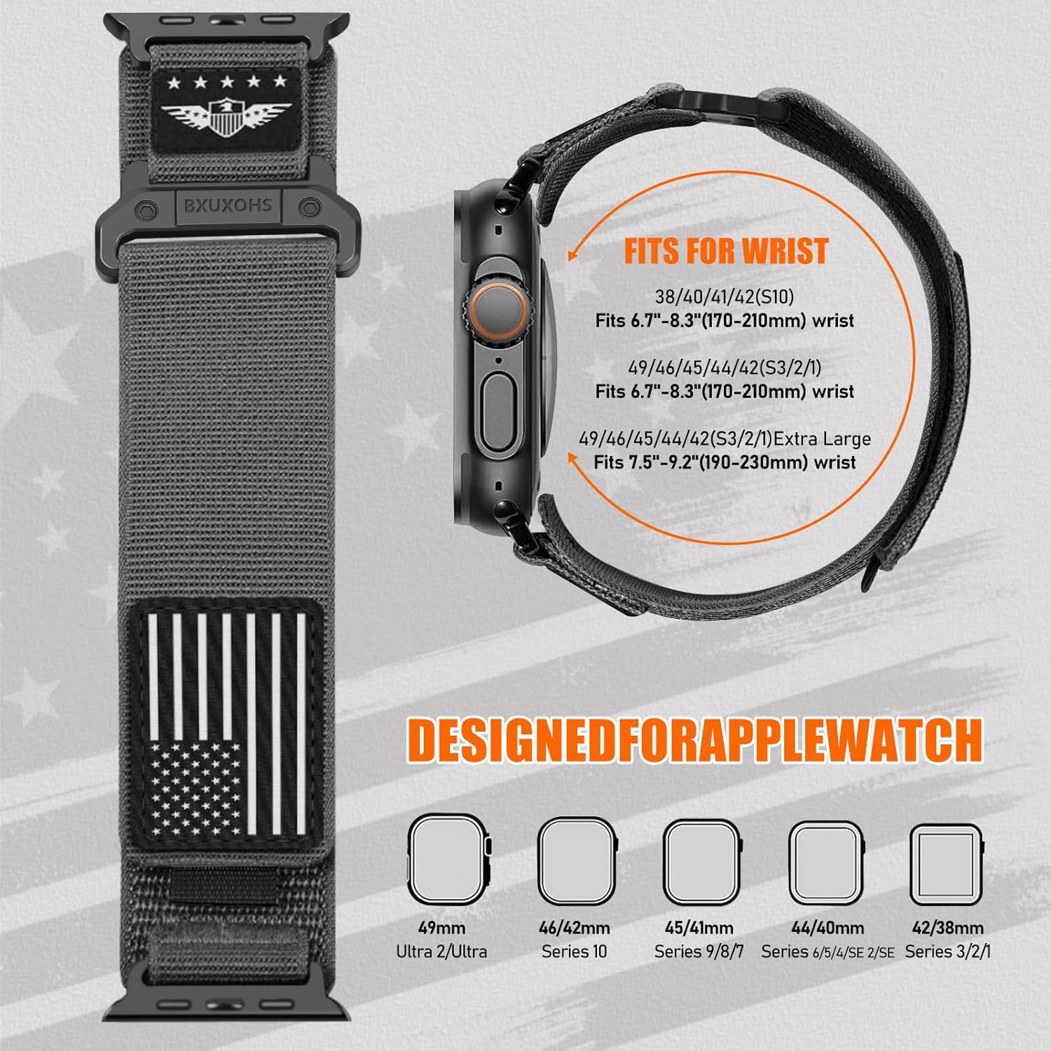 Rugged Trail Loop Bands for Apple Watch Ultra/3/2 Band 49mm 46mm 45mm 44mm 42mm Men,Stars-Stripes Flag Woven Nylon Sport Strap Soft Fabric Wristband for iWatch Series 11 10 9 8 7 6 5 4 3 SE 3/2nd 49 - Image 7
